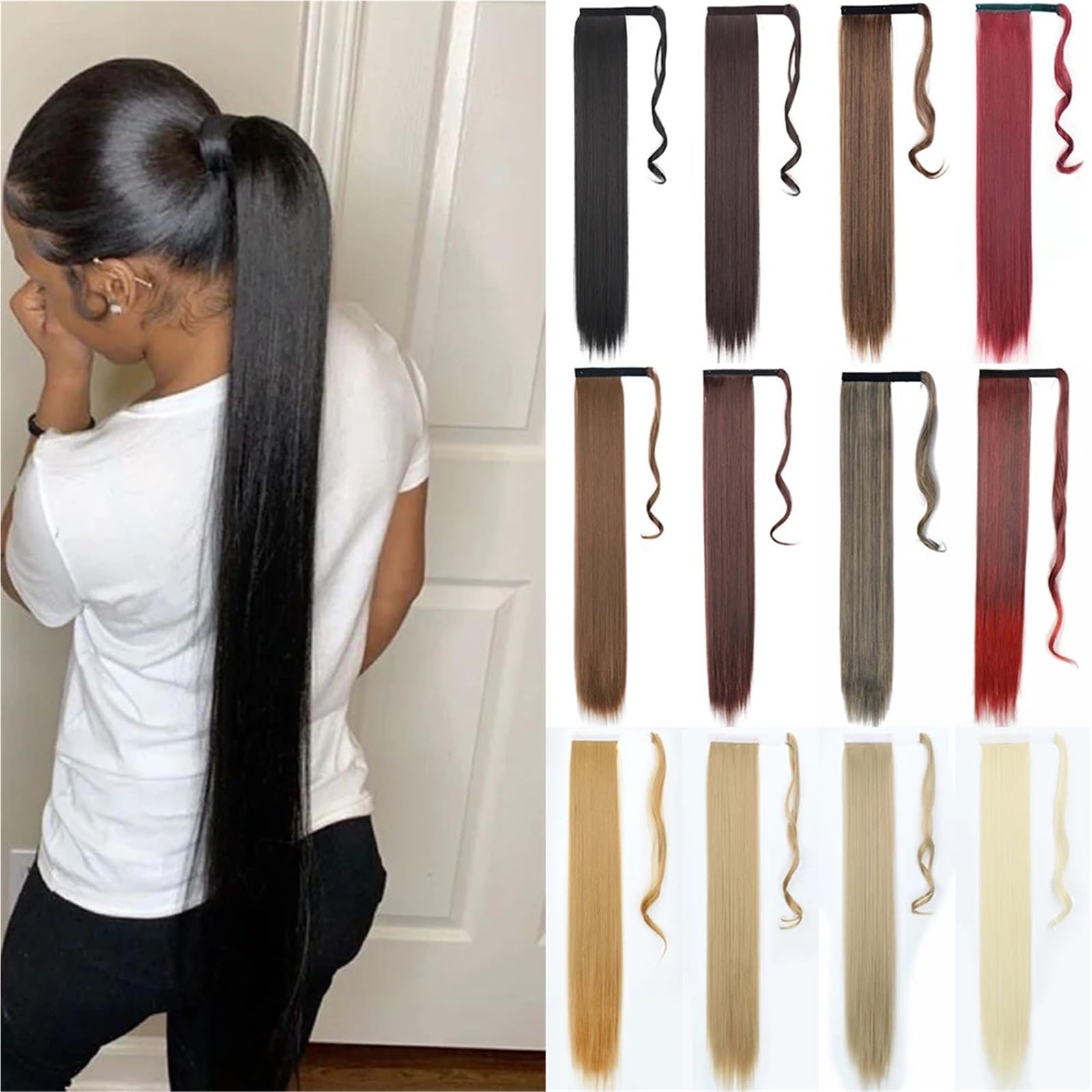 Peruka 22''34'' Long Straight Ponytail Wrap Around Clip In Extensions Black Hairpiece Headwear(Color3,34Inches 85cm)