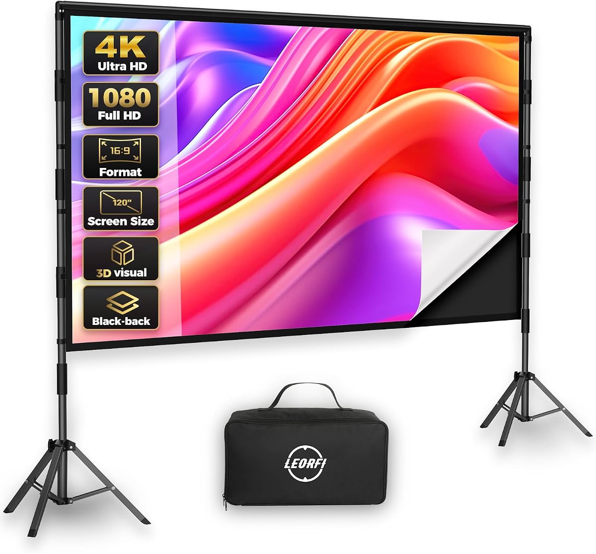 120 Inch Outdoor Projector Screen with Stand, Black Backing Screen | wrinkle-free surface, sturdy square tube tripod, quick setup, 16:9 format, with portable carry bag for indoor outdoor use
