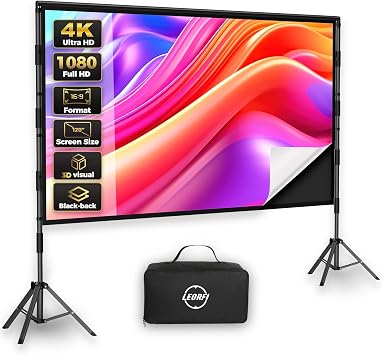 Outdoor Projector Screen with Stand LEORFI 120 inch Black Backing Projection Screen Indoor - Upgraded Movie Screen 169 4K HD - Wrinkle-Free Lightweight Movie Screen with Carry Bag for Backyard Night