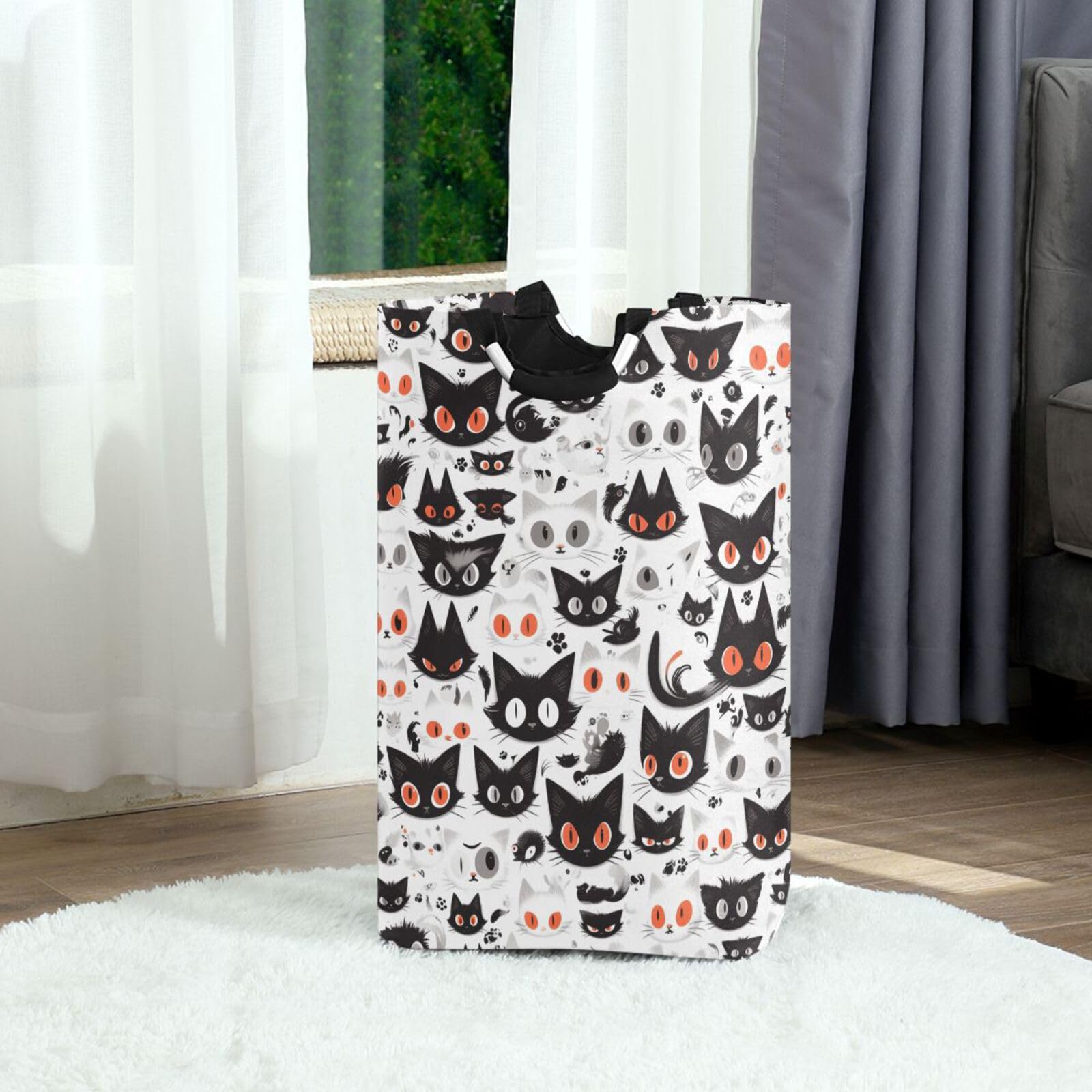 Jihqo Laundry Hamper Basket Halloween Cute Cat Head Collapsible Nursery Storage Bin Waterproof Clothing Baskets for Home Bedroom Bathroom Washing Room