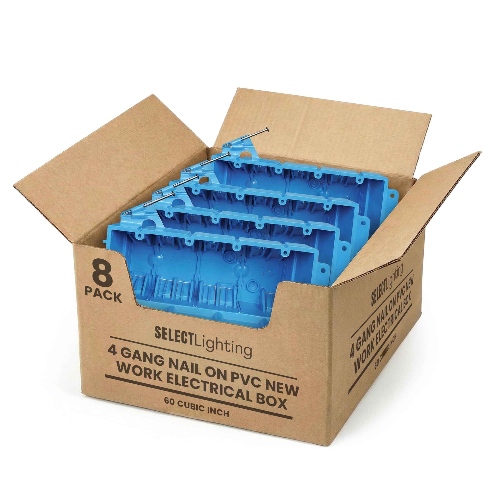 Select 8 Pack Nail On Plastic Box 4-Gang PVC New Work Standard Switch/Outlet Wall Electrical Box 60 cu in