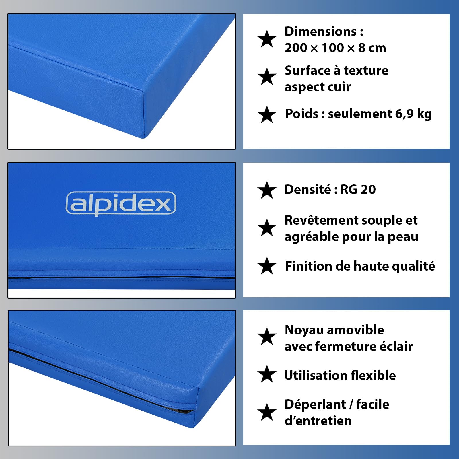 ALPIDEX Tapis d'exercice gymnastique 200 x 100 x 8 cm tapis de sport avec base antidérapante RG 20 (très doux)