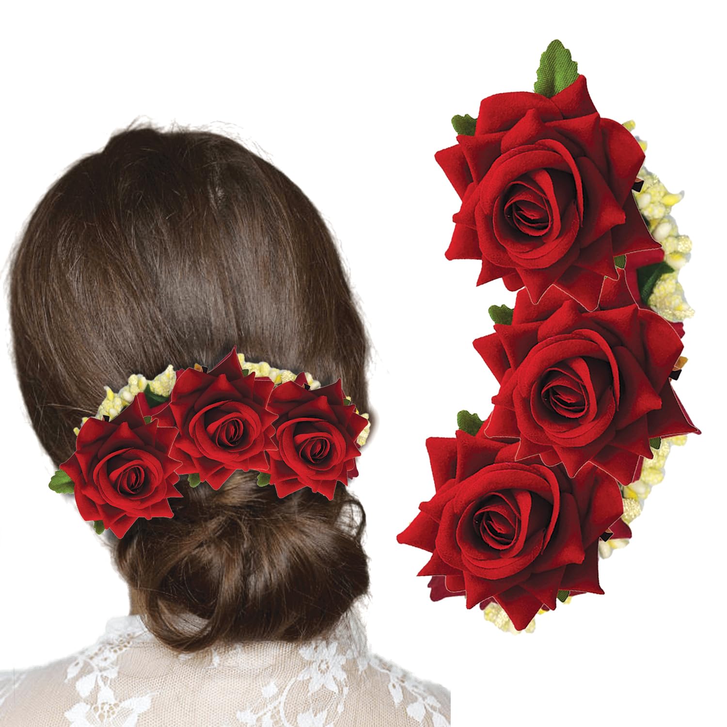 TEMPERIA Hair Accessories For Women's & Girls - Stylish Red Rose & White Artificial Flowers Bun Juda Bridal Brooch & Braid For Hairstyle & Decoration - Pins & Clips For Style Of Bride, Wedding & Party-image-29