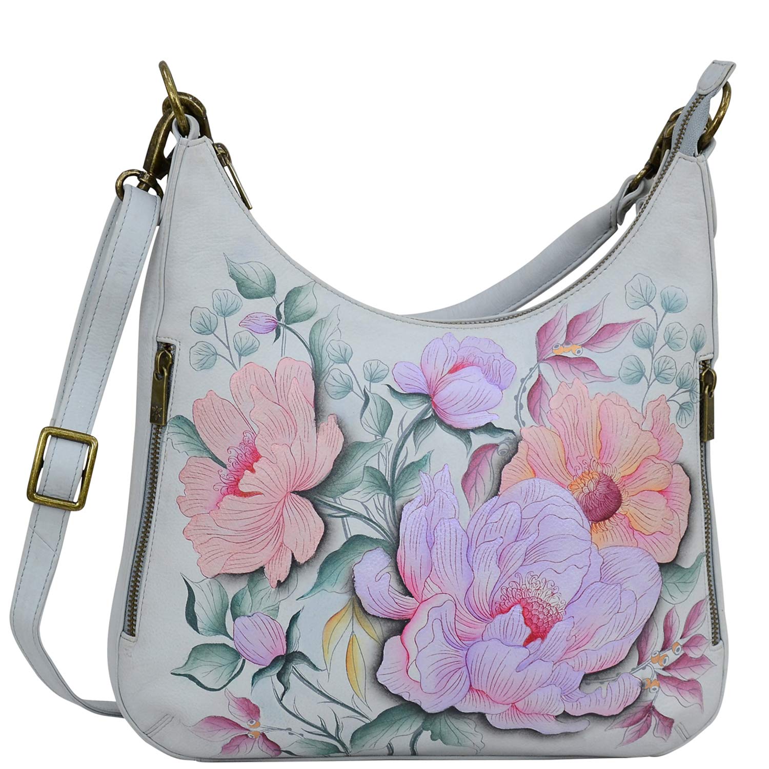 Anuschka Hobo sottile da donna in vera pelle dipinta a mano con tracolla - entrata superiore con zip, tasche multiple, Bel Fiori, Etichettalia unica