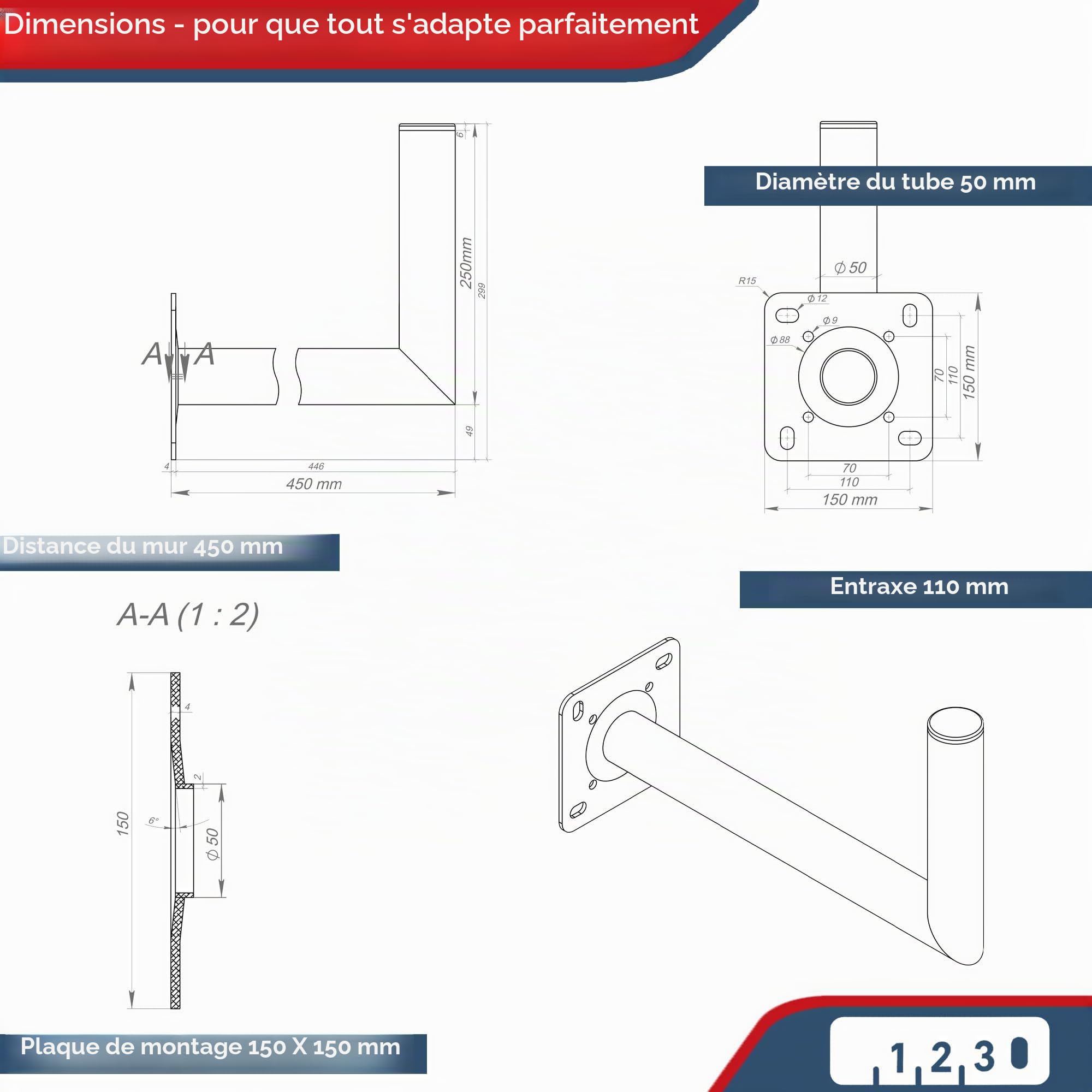 Premium X Support Mural Satellite 45cm en Aluminium pour Parabole Satellite - Support pour antenne parabolique avec Distance au Mur de 45 cm 450 mm
