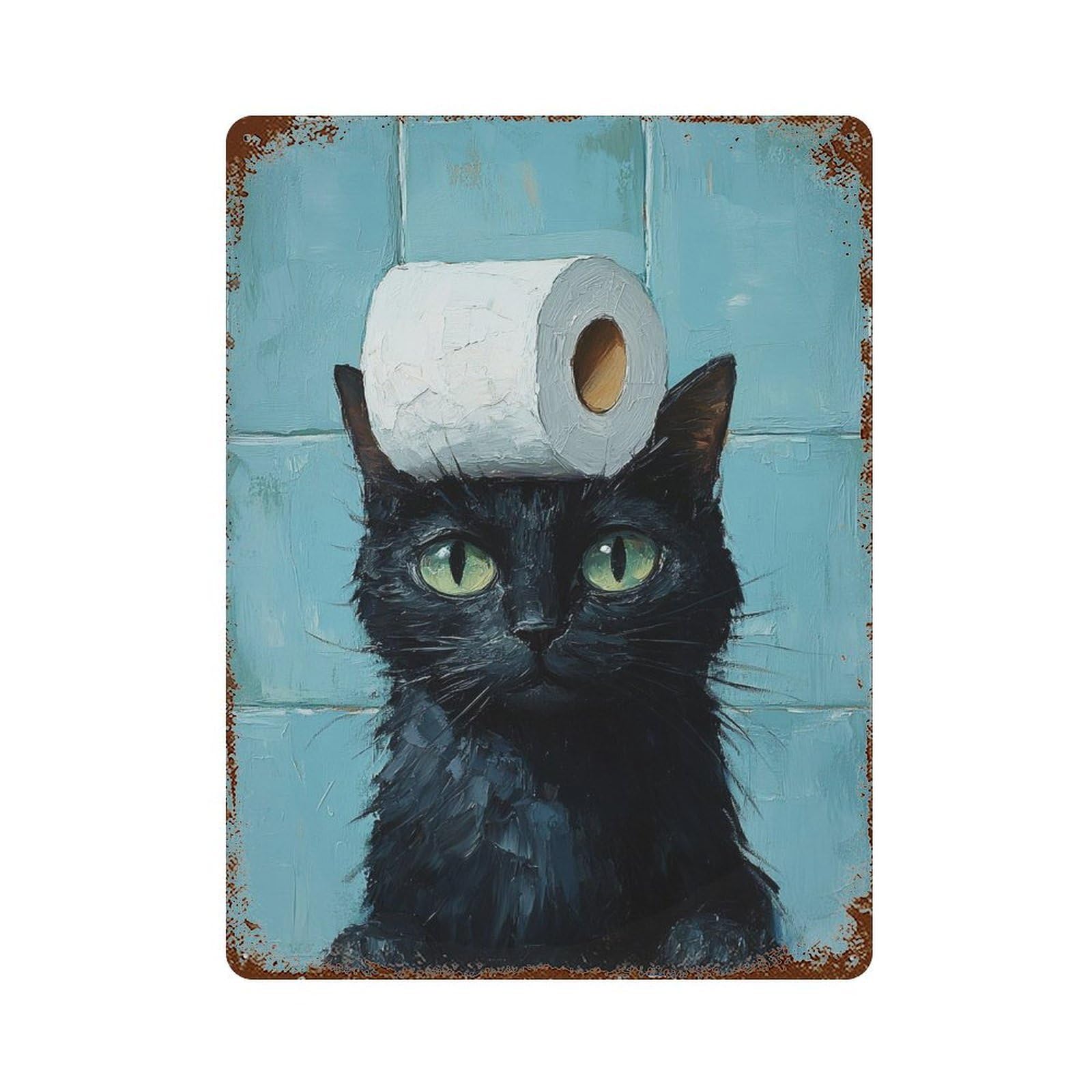 Black Cat with Toilet Paper-8 Weathered Tin Sign 15.7"x11.8", Retro Wall Decor for Pub, Kitchen And Man Cave Decor