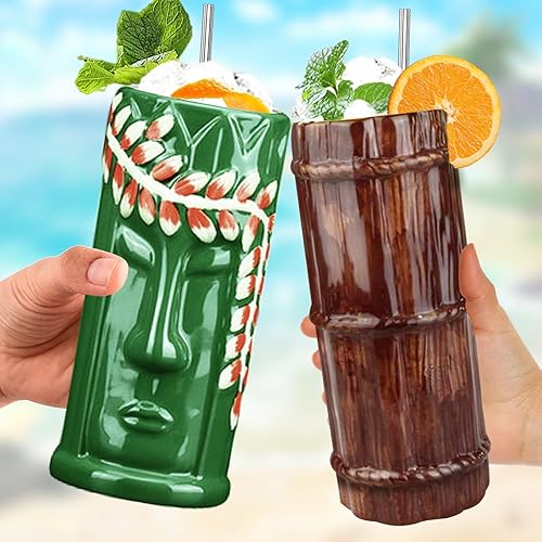 Miniatura 5 de SuproBarware TIKI - Juego de 2 tazas de cerámica TIKI de 15 onzas  14.9 fl oz, estilo tropical, juego de copas de cóctel para amantes del cóctel