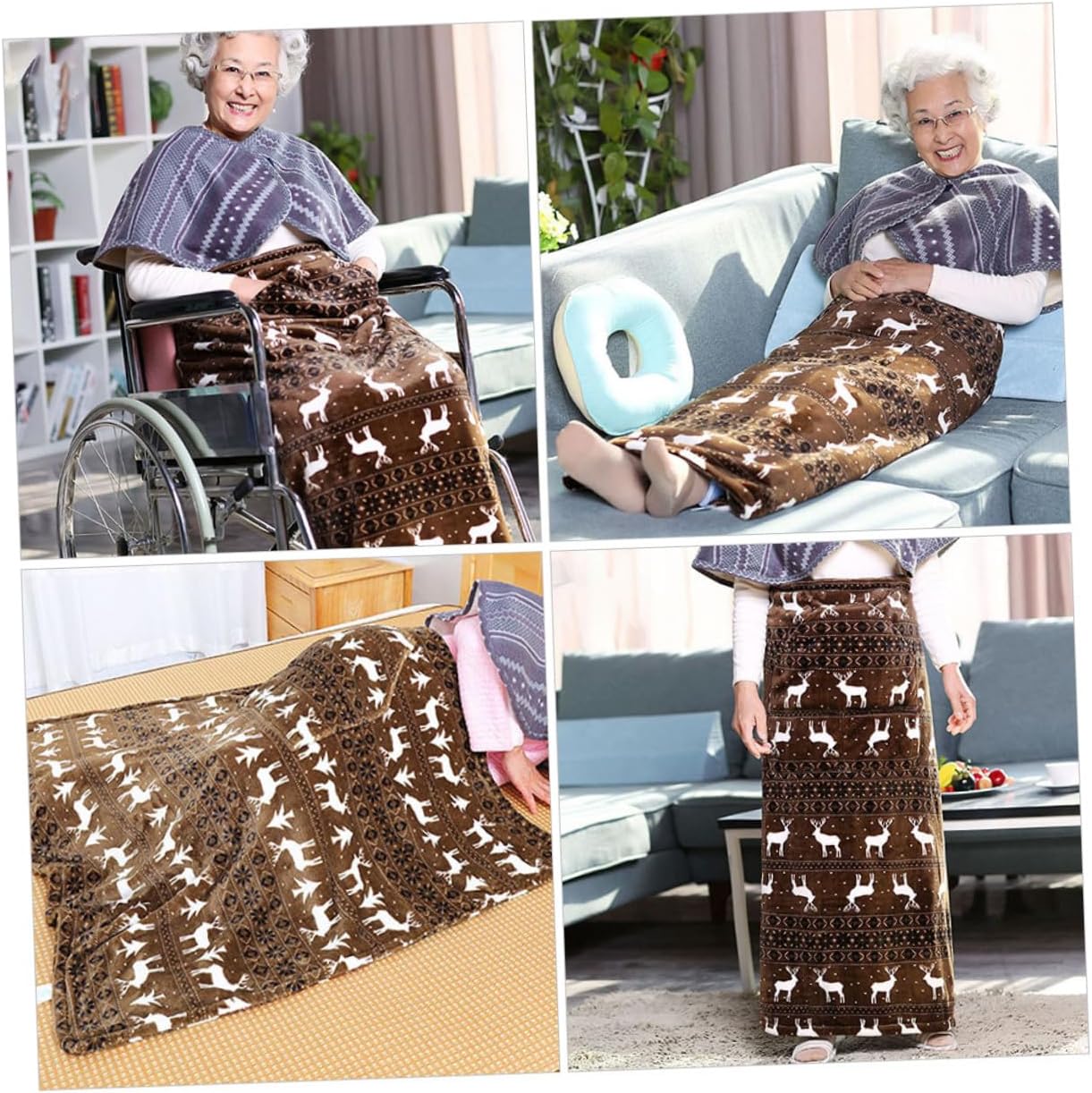 Elderly Throw Blanket for Wheelchair Warm Lap Blanket with Coffee Deer Pattern, Soft Skin-Friendly Fleece for Winter Travel and Nursing Care
