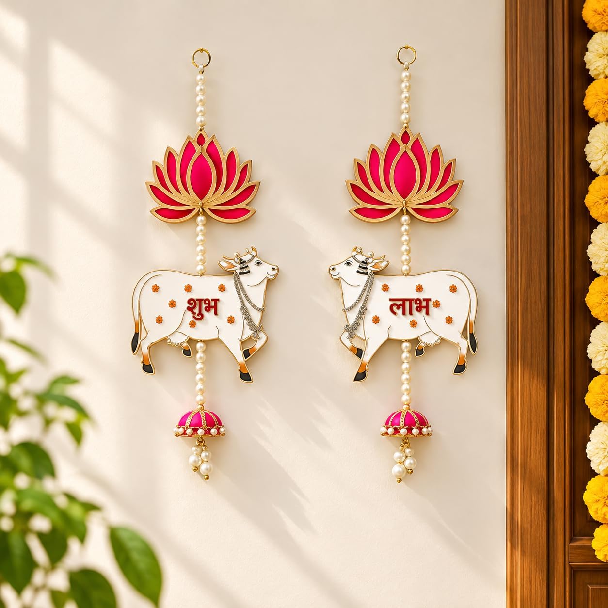 eCraftIndia Lotus, Cow, Pink Tassel Style Shubh Labh Hanging for Diwali Ganesh Chaturthi Navratri Decoration| Floral Wall Hangings for Home Temple Main Door Entrance|Diwali Decoration Items| Pack of 1