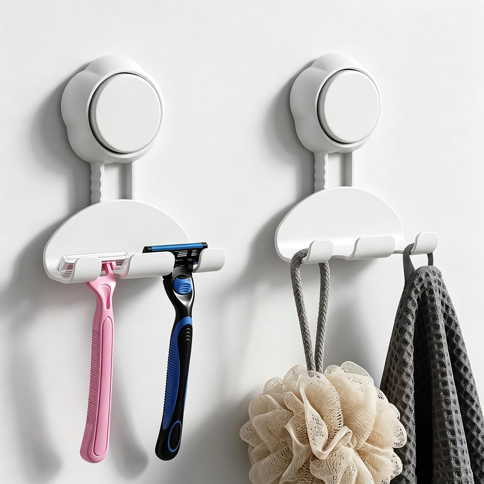 Razor Holder for Shower, 2 Pack No-Drill Suction Cup Shower Shaver Hooks White