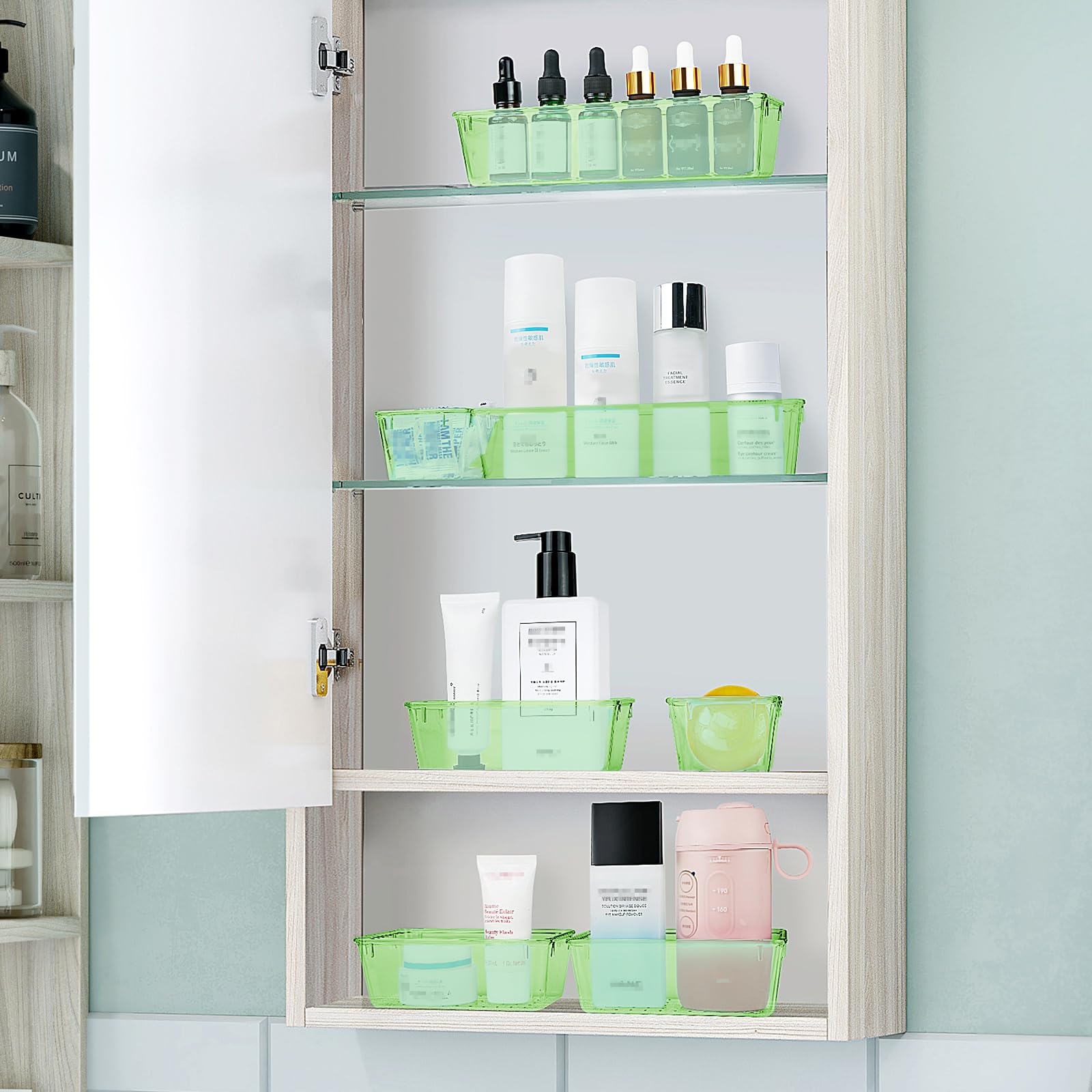 WOWBOX Schubladen-Organizer-Set aus Kunststoff, 4 Größen, Schreibtisch-Schubladenteiler und Aufbewahrungsbehälter für Make-up, Schmuck, Gadgets für Küche, Schlafzimmer, Badezimmer, Büro, transparent