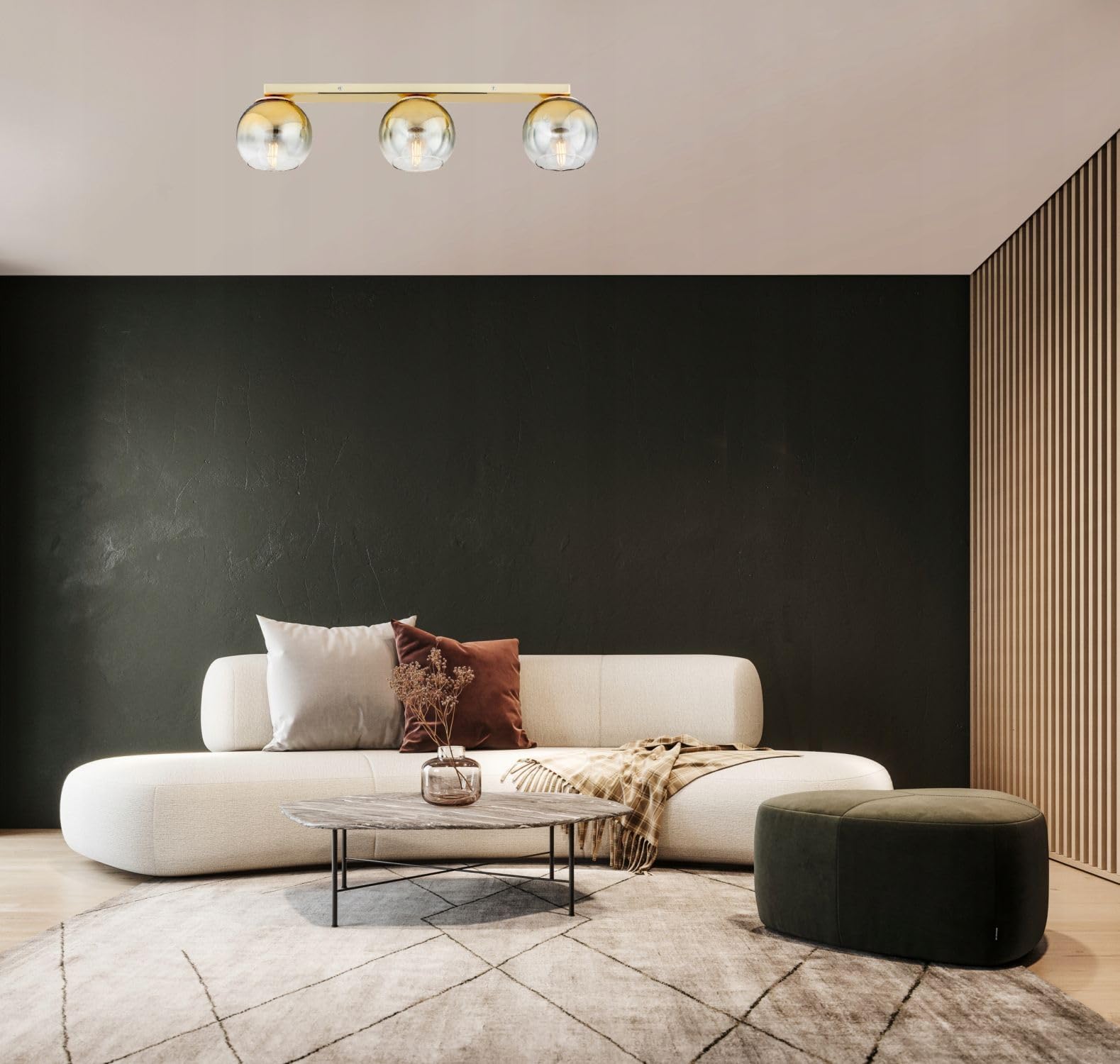 Licht-Erlebnisse Deckenlampe 3-flammig Metall Glas Gold Büro Schlafzimmer Modern stilvoll blendarm wohnlich E27 L:60 cm Deckenleuchte Wohnzimmer