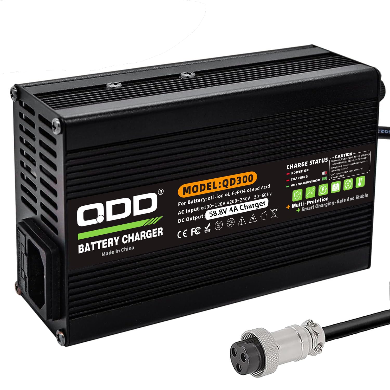 QDD Caricabatterie 58,8 V 4 A Caricabatterie agli ioni di litio 52 V in alluminio nero con uscita ventola di raffreddamento, connettore GX16-3 pin utilizzato per batteria al litio 14S 52 V