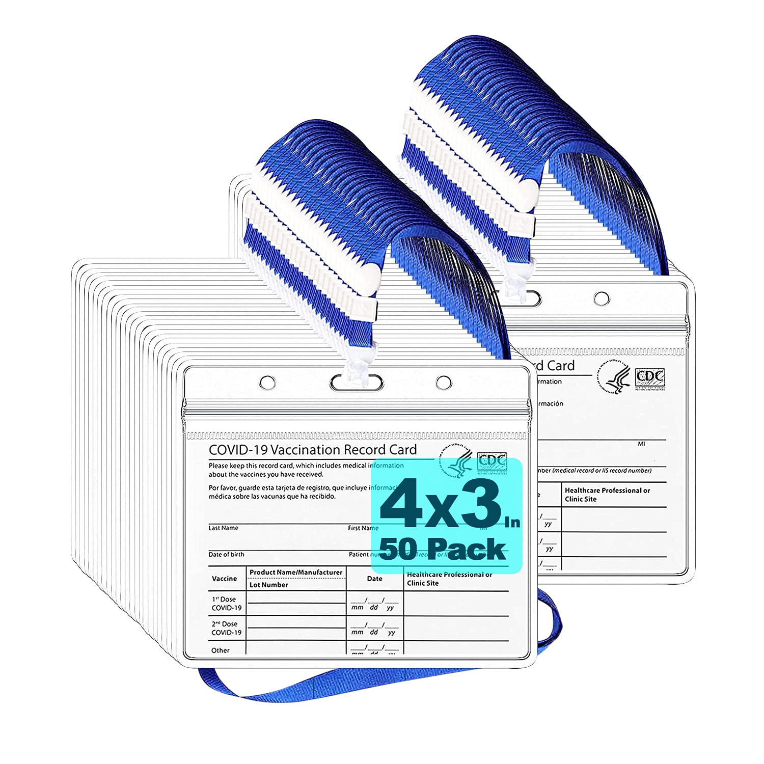 AcooeCDC Vaccine Card Holder 3x4, Vaccine Card Covers with Lanyards Card Holders, Waterproof Vaccination Card Holders, Plastic Holder for Vaccine Card (50 Vaccine Card Case with Lanyard)