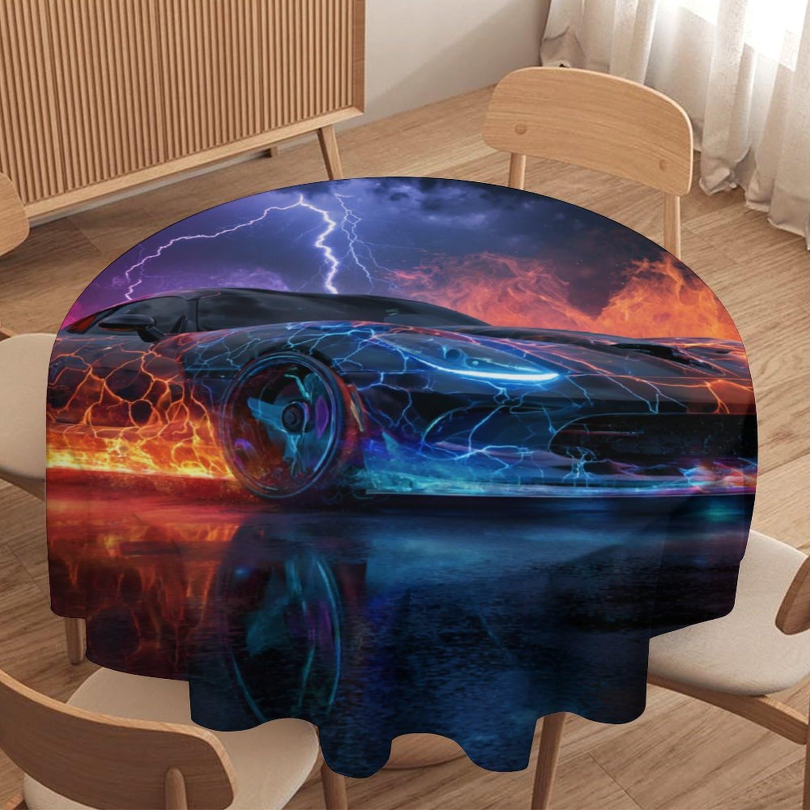 LUYYSKY Cool Abstract Racing Car Waterproof Round Tablecloth Funny Realistic Lightning Burning Sports Car Pattern Washable Table Cover for Kitchen-70 Wx70 L