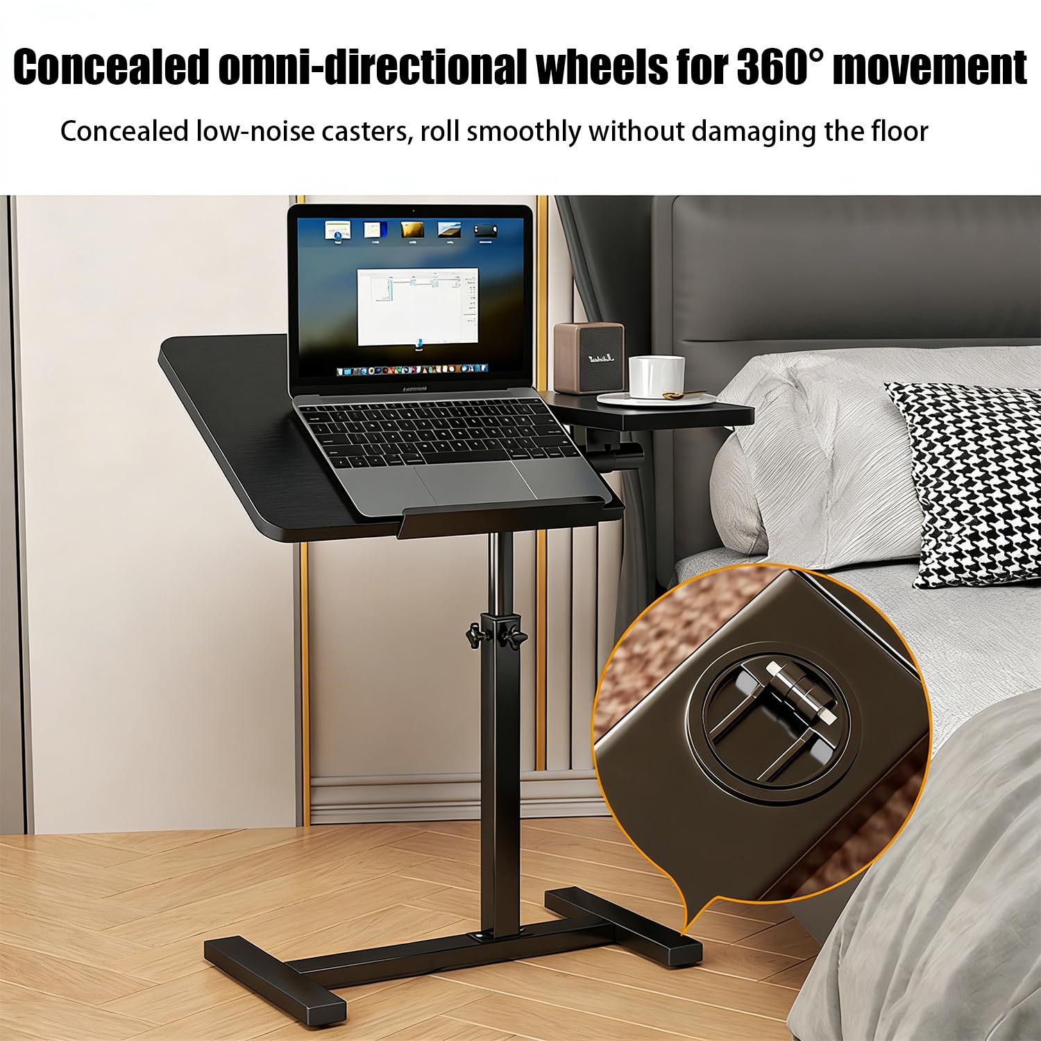 Tavolino Servitore Letto,Tavolo Per Letto Regolabile Con Ruote Nascoste, 60x40 Cm, Adatto Per Scrivania, Divano o Letto, Supporto Per Laptop Con Altezza e Angolo Regolabili, nero
