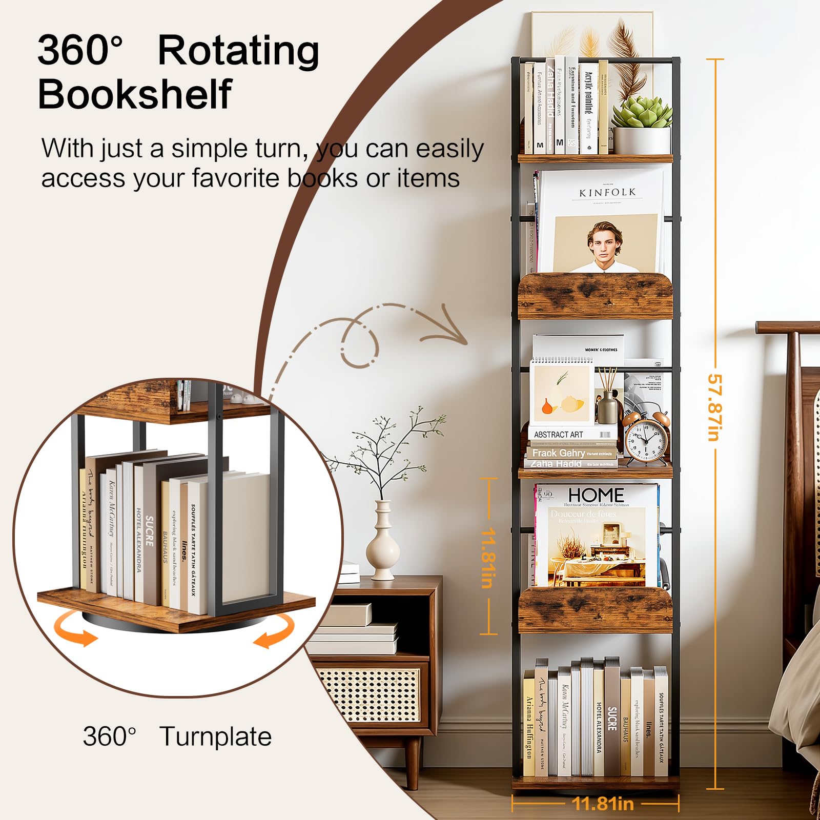 Bibliothèque Rotative Allstand 5 Niveaux – 45x45x150 Cm – Noir – Tour à Livres Pivotante 360°