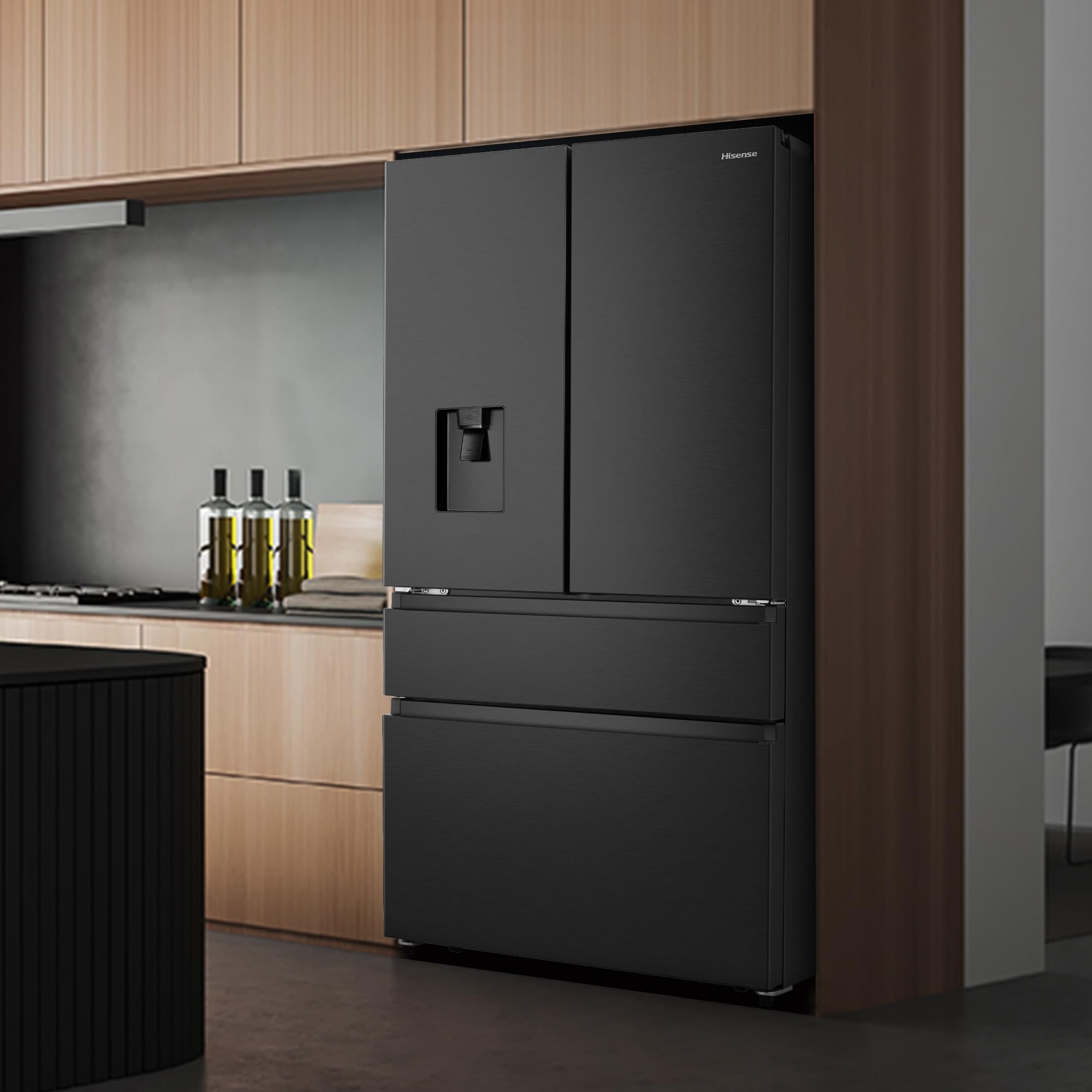 Hisense RF749N4SWFE - Frigorífico Americano Puerta Francesa Total No Frost, 579L,179cm, Metal-Tech Cooling, My Fresh Choice, Multi Airflow, Dispensador Agua con Depósito, Inverter, WiFi, Dark Inox