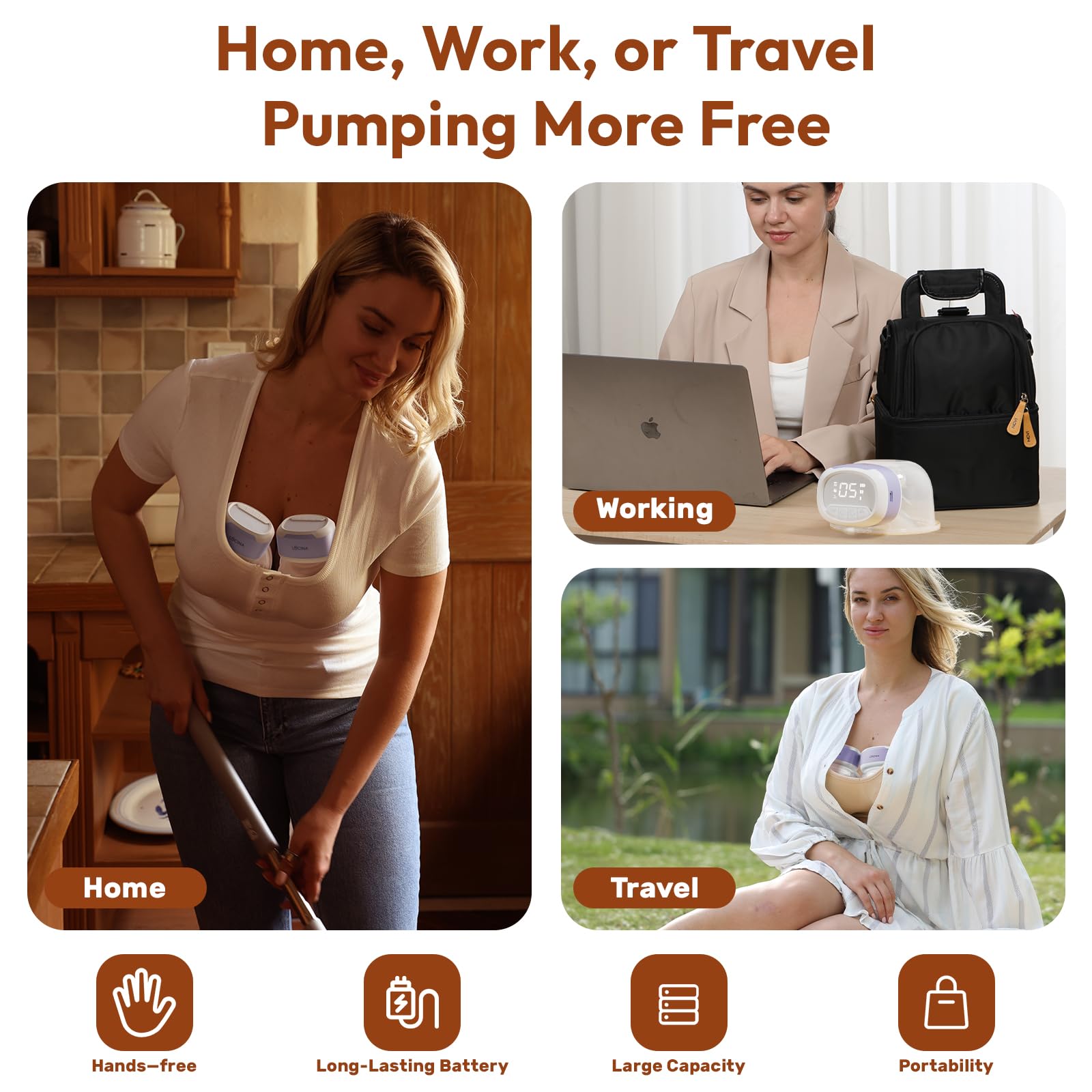 Wearable Breastfeeding Pump Hands Free of Long Battery Life, Portable Electric Wireless Breast Pump with 3 Modes and 9 Levels, LED Display, 16/18/20/22/24mm Flanges & Inserts, 2 Pack (Purple)