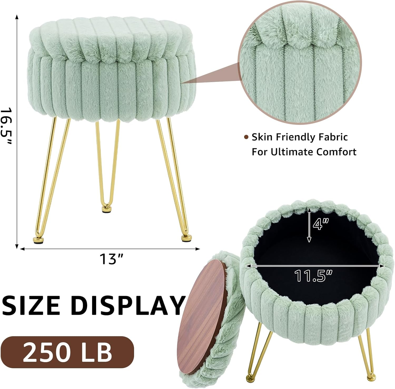 Wimarsbon Vanity Stool with Storage, Faux Fur Ottoman Chair with Metal Legs, Round Makeup Vanity Chair for Bedroom or Dressing Table, Modern Small Ottoman Seat (Green) - Image 2