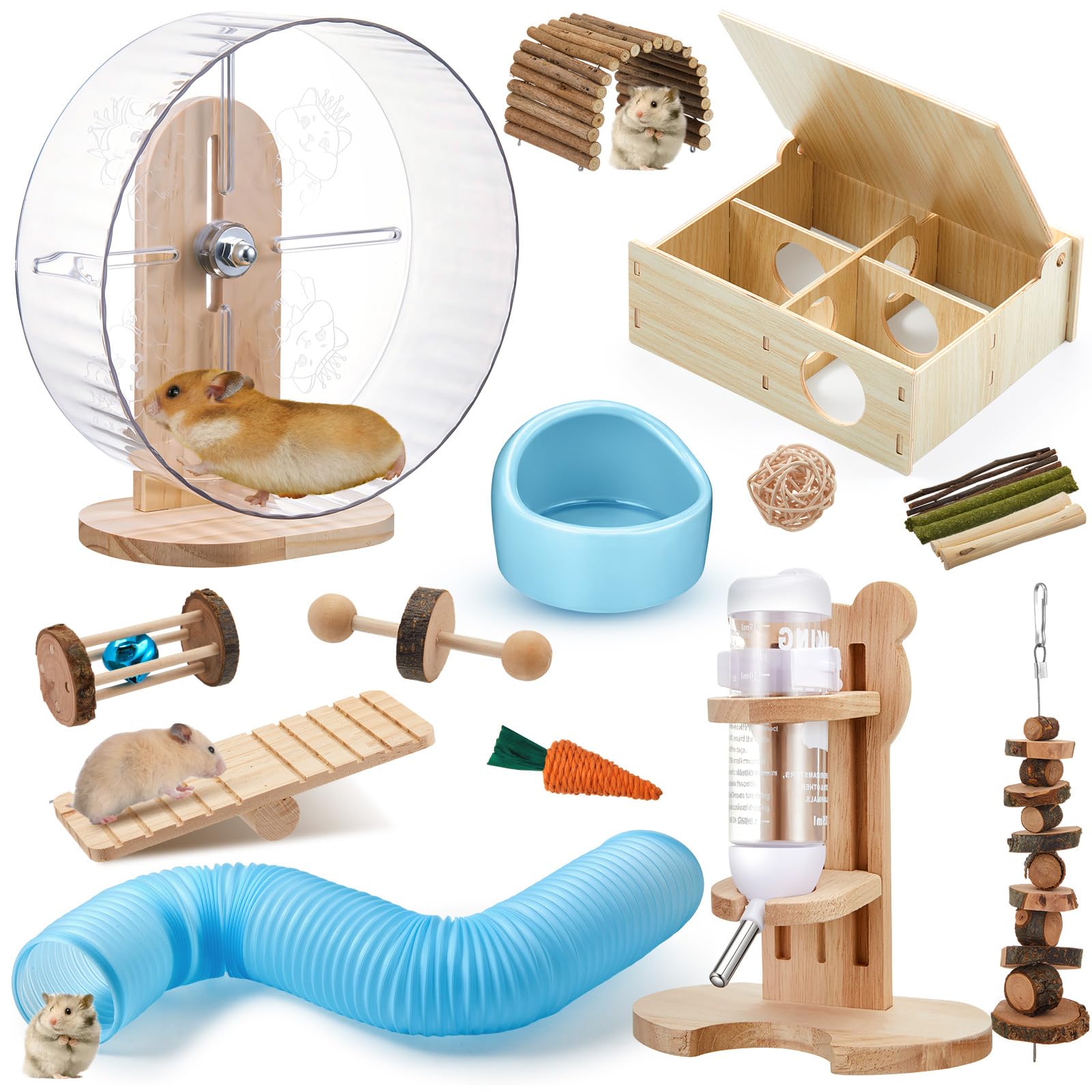 Hamsterspielzeug-Set, 20-teilig, 16 kleine Tier-Kauspielzeuge, Labyrinth-Holzhaus, geräuschlose Übung, Laufräder und Wasserflasche, Futternapf für Hamster, Lebensraum, Rattenkäfig-Zubehör
