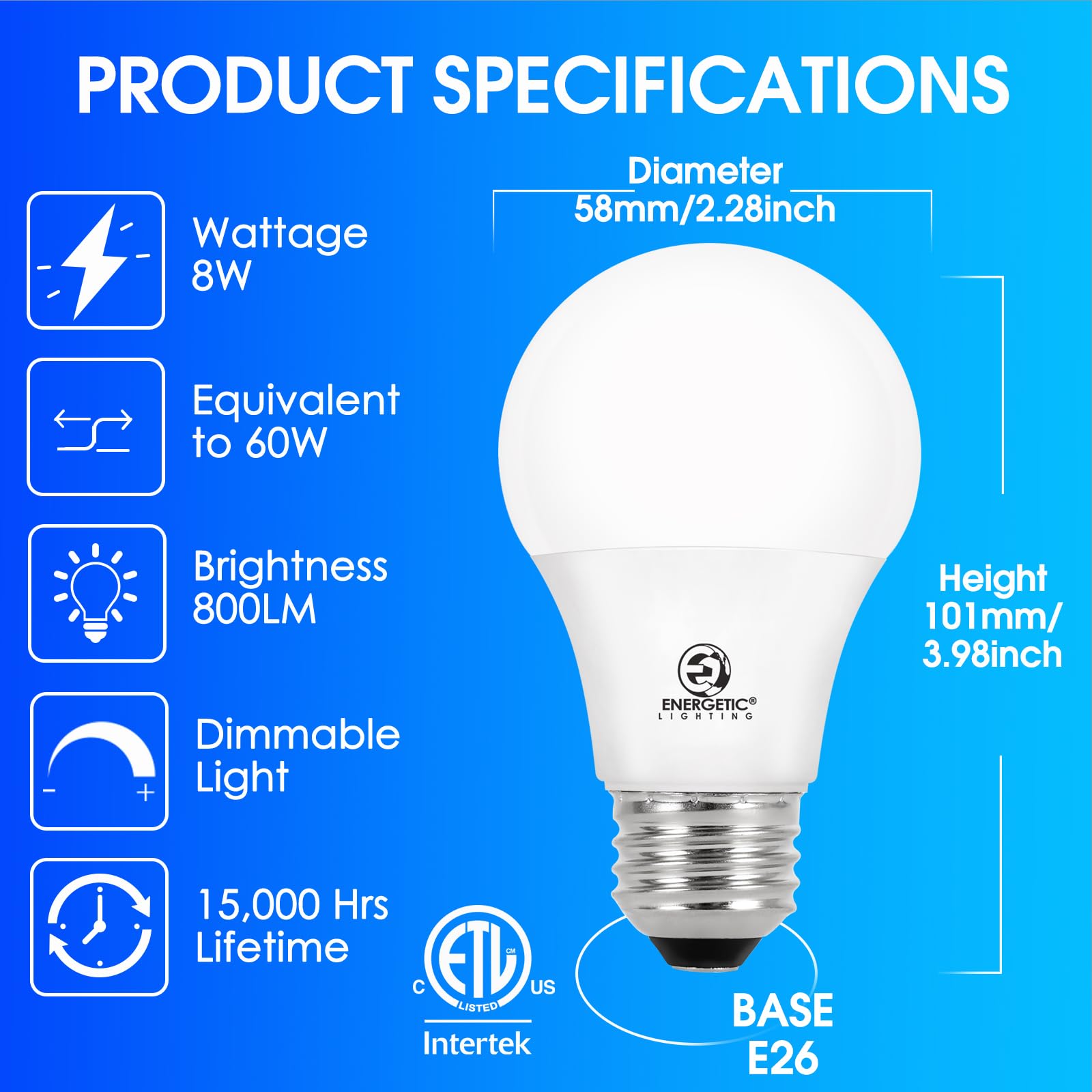 E ENERGETIC LIGHTING Bombillas LED regulables, equivalente a 60 W, luz diurna de 5000 K, 8 W, 800 lúmenes, bombilla LED E26 de 60 W regulable, certificación ETL, 12 paquetes