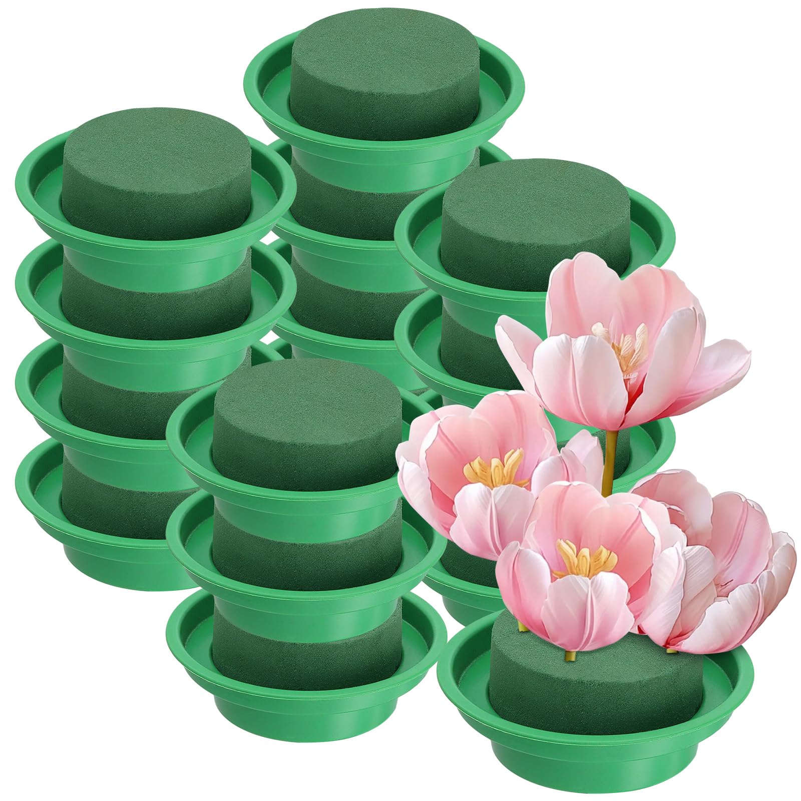 MUKSUET 16 Pack 3 In / 8cm Round Floral Foam with Bowl, Green Floral Foam, Flower Foam Block with Tray