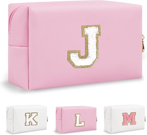 Bolsa de maquillaje preppy inicial personalizada Pequeña bolsa de carta de chenilla de viaje linda, Rosado