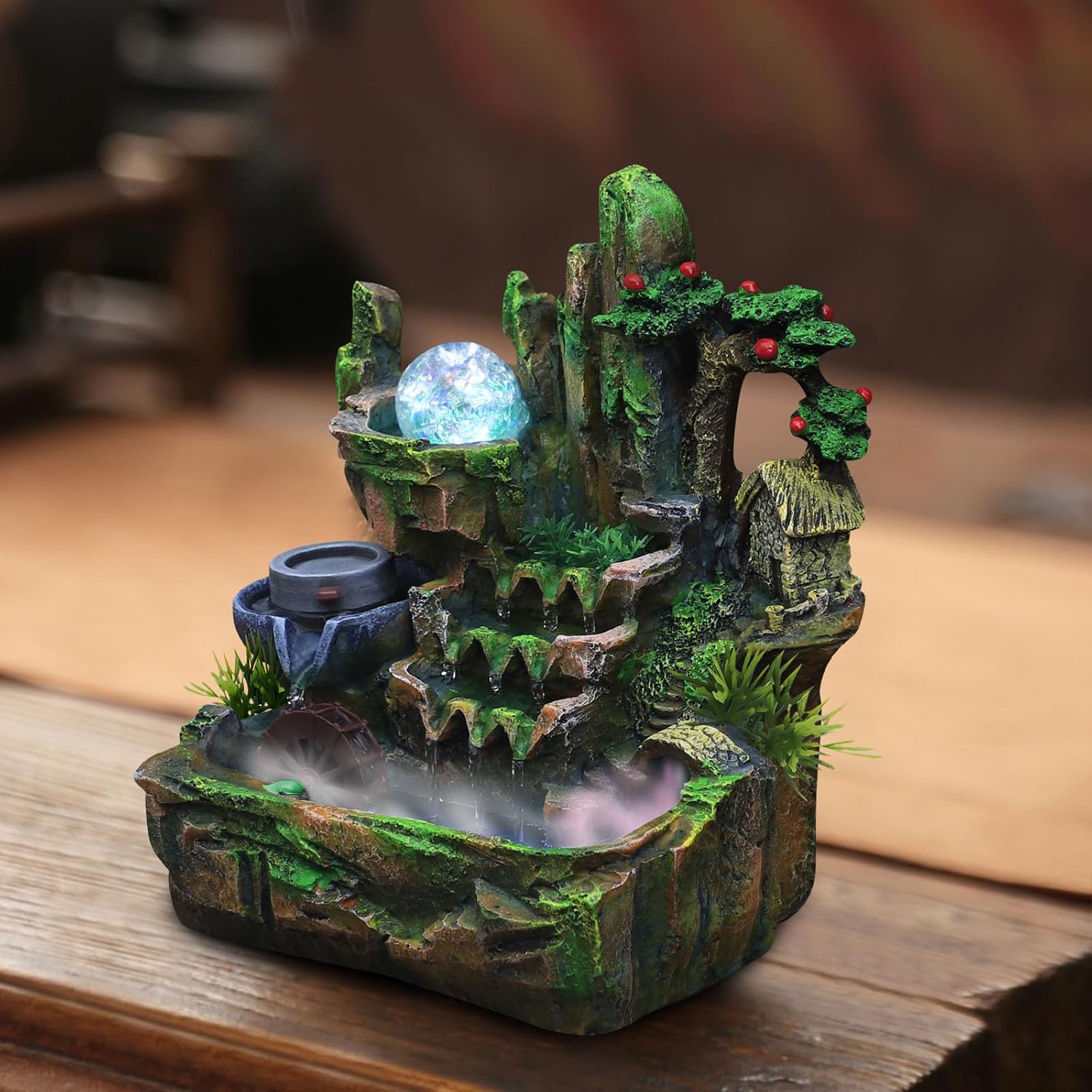 110V Decoration Tabletop Rockery Water Fountain with LED Lamp Atomization Effect, Relaxation Desktop Fountain Waterfall for Office Area, Tea House