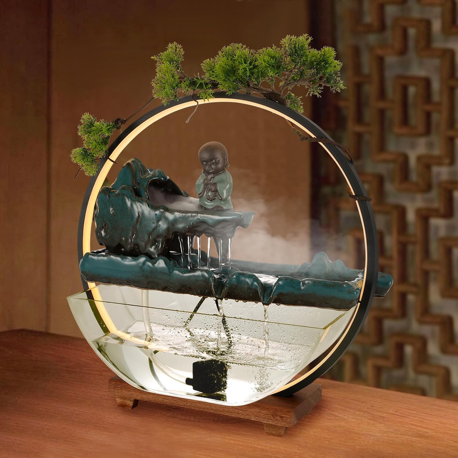 Tabletop Fountain with LED Light & Mist Maker, Wood Base Relaxing Zen Garden Water Feature for Home and Office