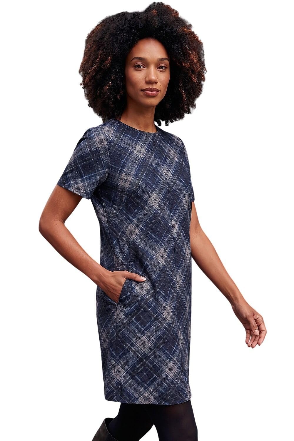 Roman Originals Check Print T-Shirt Stretch Dress for Women UK - Ladies Everyday Autumn Winter Round Neckline Comfy Soft Evening Vacation Work Party Night Out
