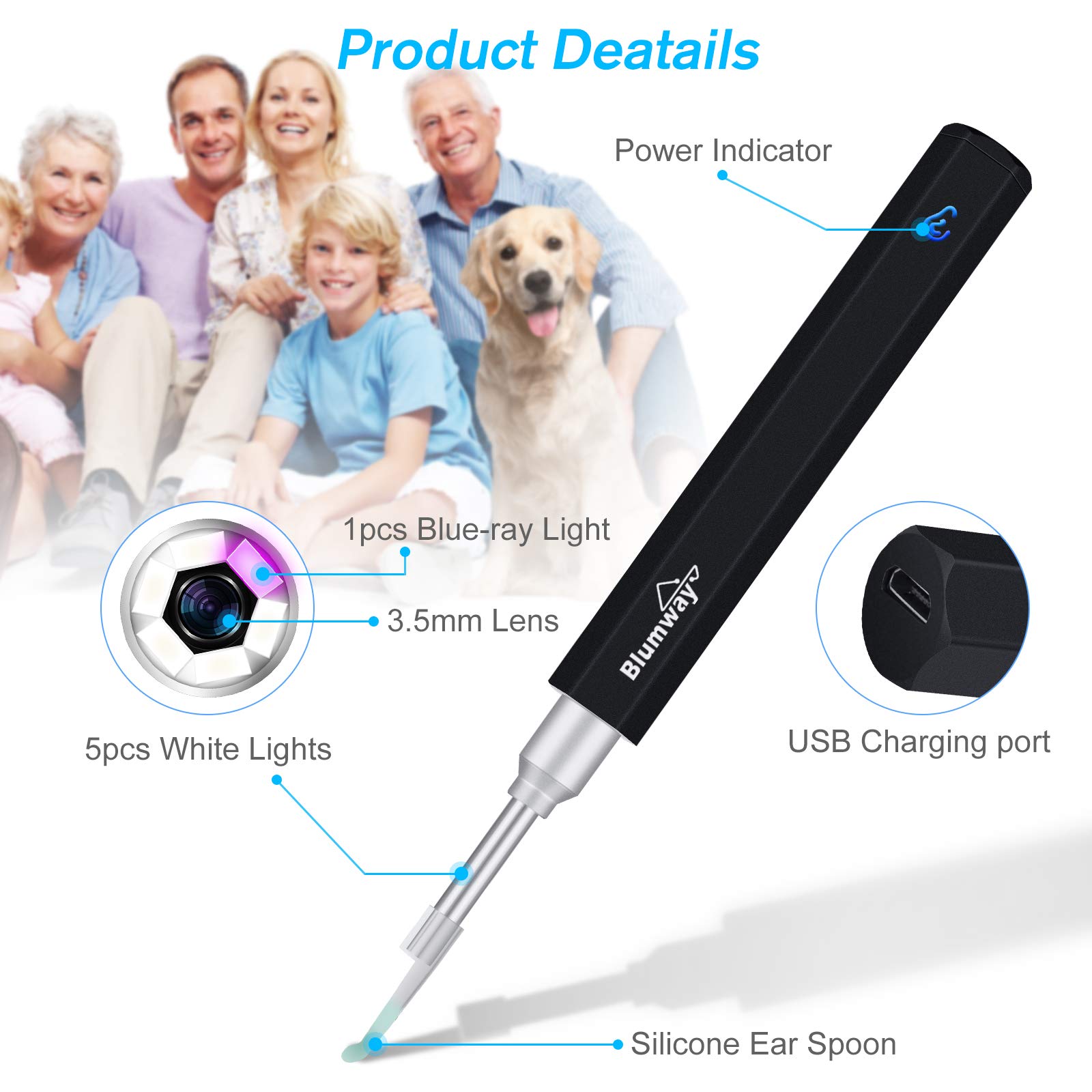 BlumWay WiFi otoscopio de oído 3.5 mm 1080P HD endoscopio de oído limpiador de oído cámara con 6 luces LED, limpiador de oídos removedor de cera para bebés, niños, adultos con iOS, Android (negro)