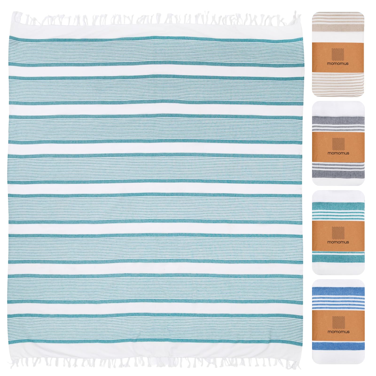 MOMOMUS Stuoia da Spiaggia Stile Fouta XXL o Telo da Picnic - Finitura Boho, Leggera e Versatile - Ideale come Coperta da Picnic o Telo Mare Grande Antisabbia - Verde Mare, 210 x 240cm