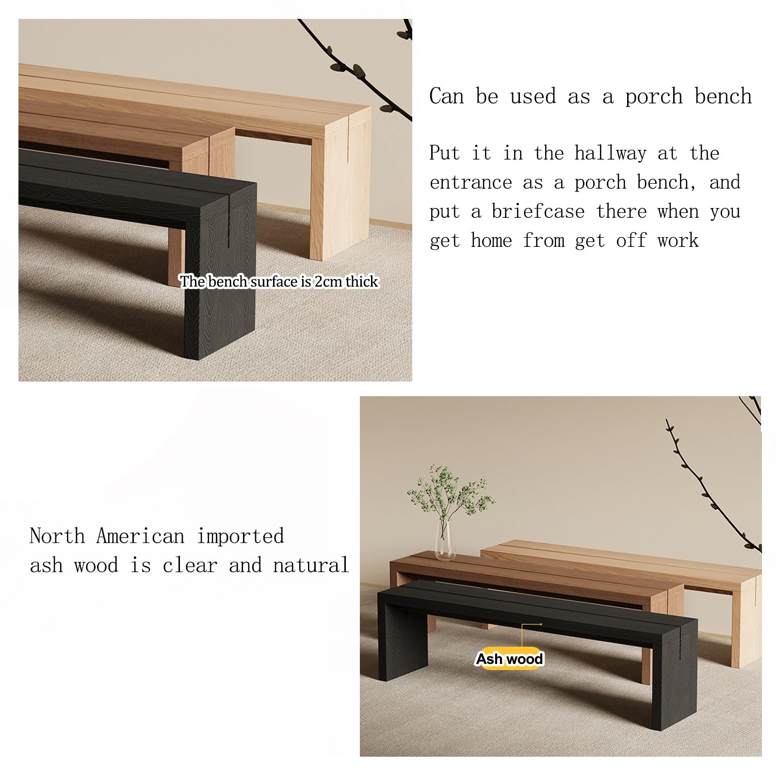 Banc d'entrée en bois massif – Repose-pieds polyvalent pour chambre à coucher, porche et salle à manger – Style ferme, 120 cm, finition noire