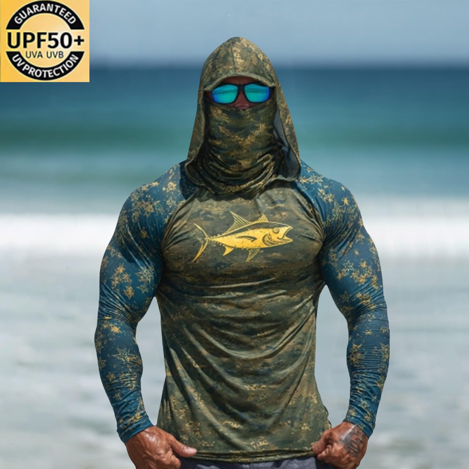 Ropa Protección Solar Camisetas De con Capucha para Hombre, Tallas Mayores 50 Años, Bandera UU., Manga Larga Top Cruzado Hombre por Delante (Blackish Green, XXL) Caza Chaqueta