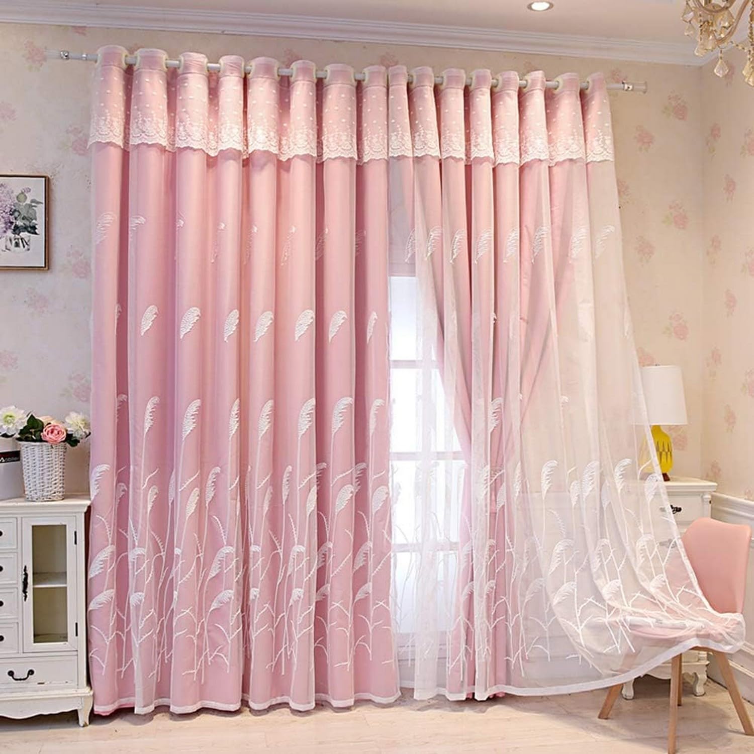 Rideau occultant double couche beige et rose en dentelle pour salon et chambre