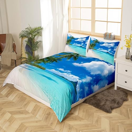 Miniatura 2 de Funda de edredón para cama de playa con diseño de nubes, diseño hawaiano de olas de palmera, isla tropical y playa de mar, naturaleza, con estampado