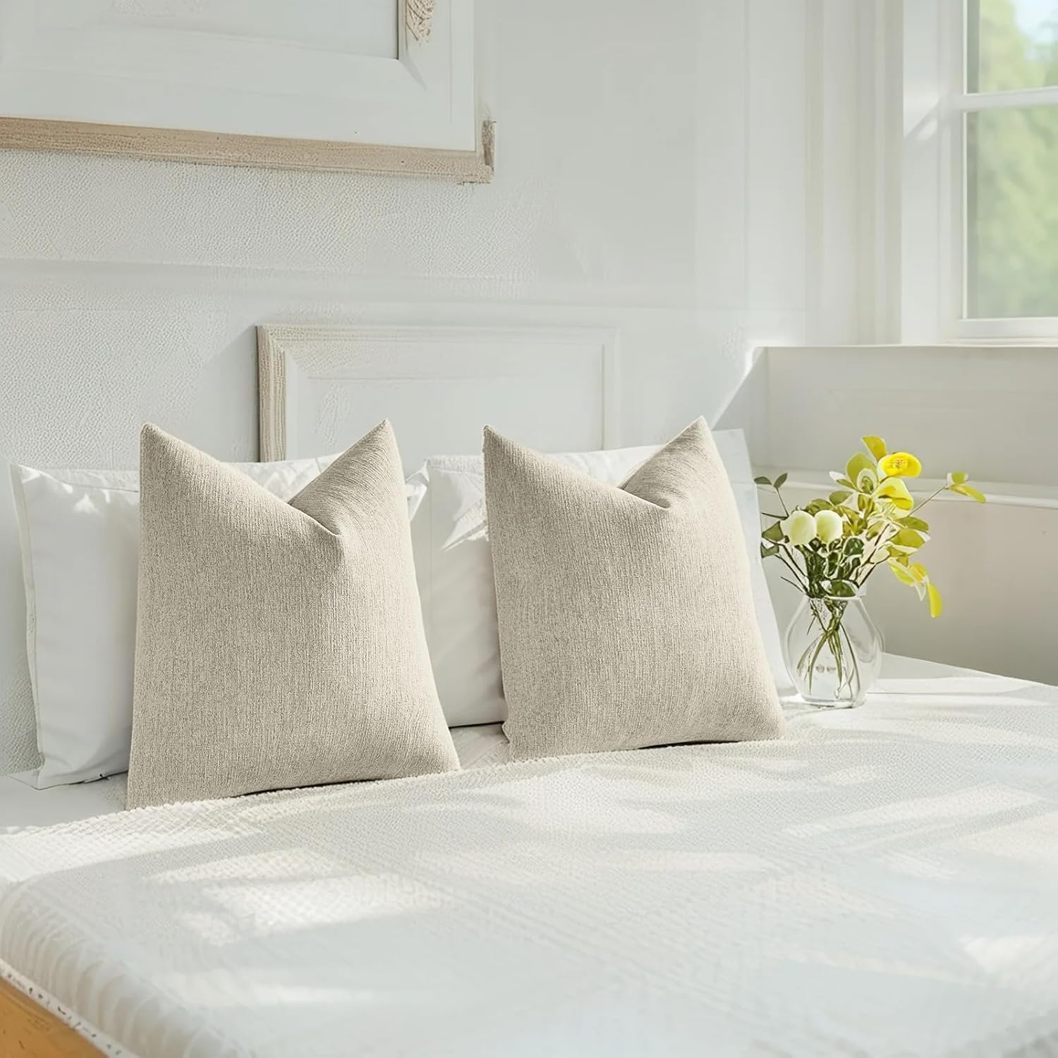 HAUSSY Beige Throw Pillow Covers 22x22 Inch Set of 2,Boho Decorative Faux Linen Throw Pillows Cozy Farmhouse Accent Cushion Covers,Home Decor for Couch Sofa Bed Living Room
