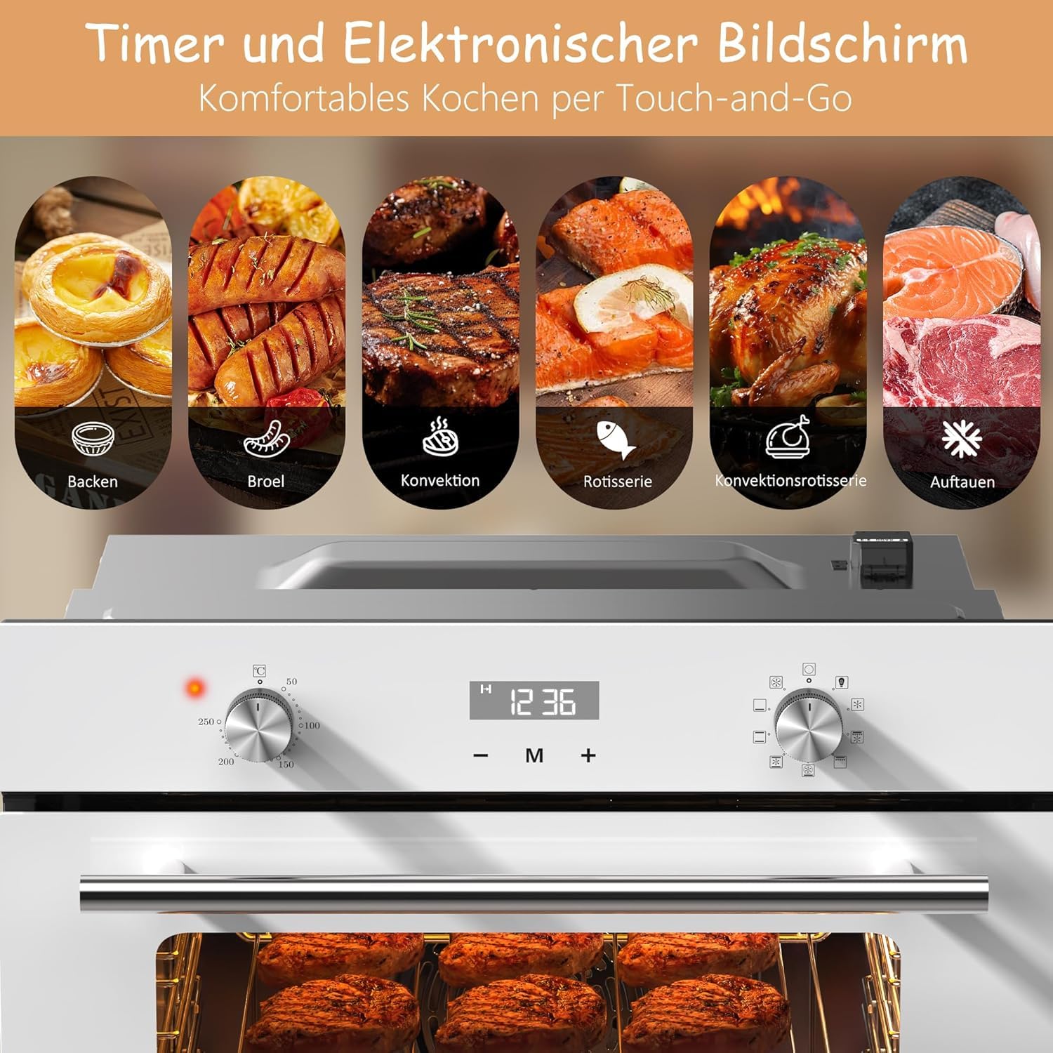 Einbaubackofen 60 cm Weiß 60 L 2,2 kW 9 Funktionen 3D-Heißluft