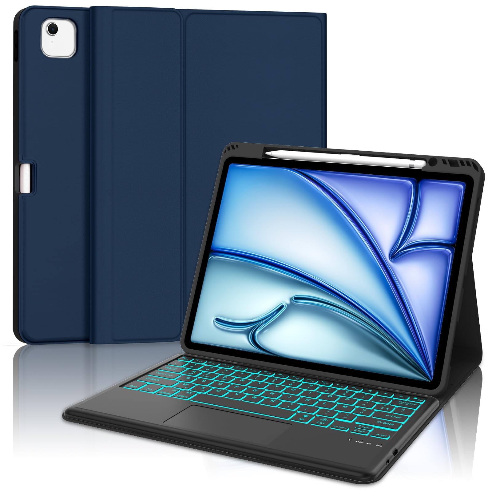 Etui na klawiaturę do iPada Air 13 2026/2025/2024 M4/M3/M2 z panelem dotykowym, francuska wymienna klawiatura bezprzewodowa Bluetooth do Apple 13-calowy iPad Air (niebieska obudowa + podświetlenie