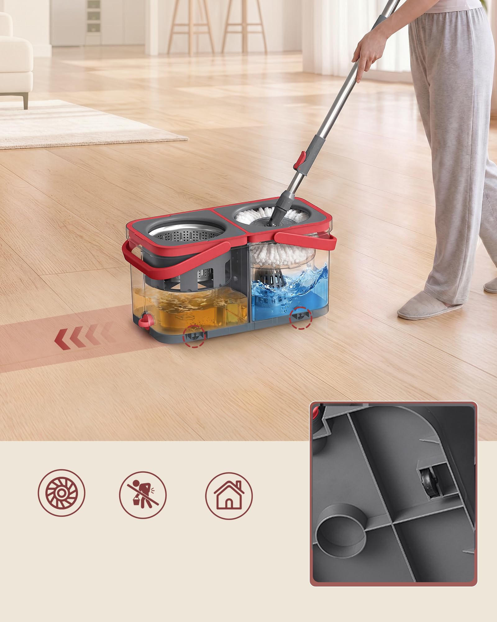 SONGMICS Mop Obrotowy z Wiadrem, 2 Nakładki z Mikrofibry, z Kółkami