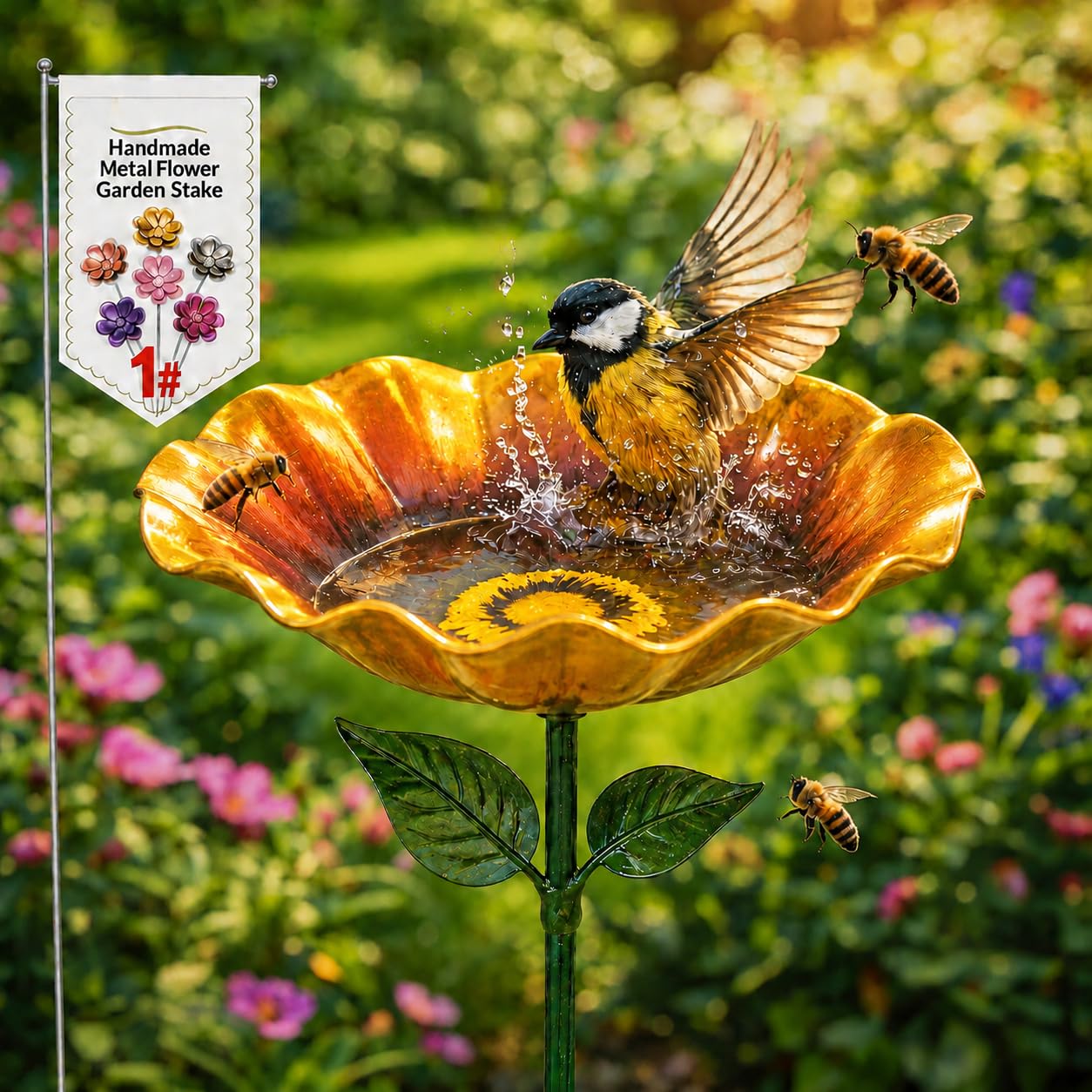 Metal Flower Garden Stakes Bird Bath Handmade, Flower Bird Feeder, Bees Bath for Garden Metal, Colorful Butterfly Bees Bath Bowl for Outdoor Yard Decor (Yellow, 1PC)