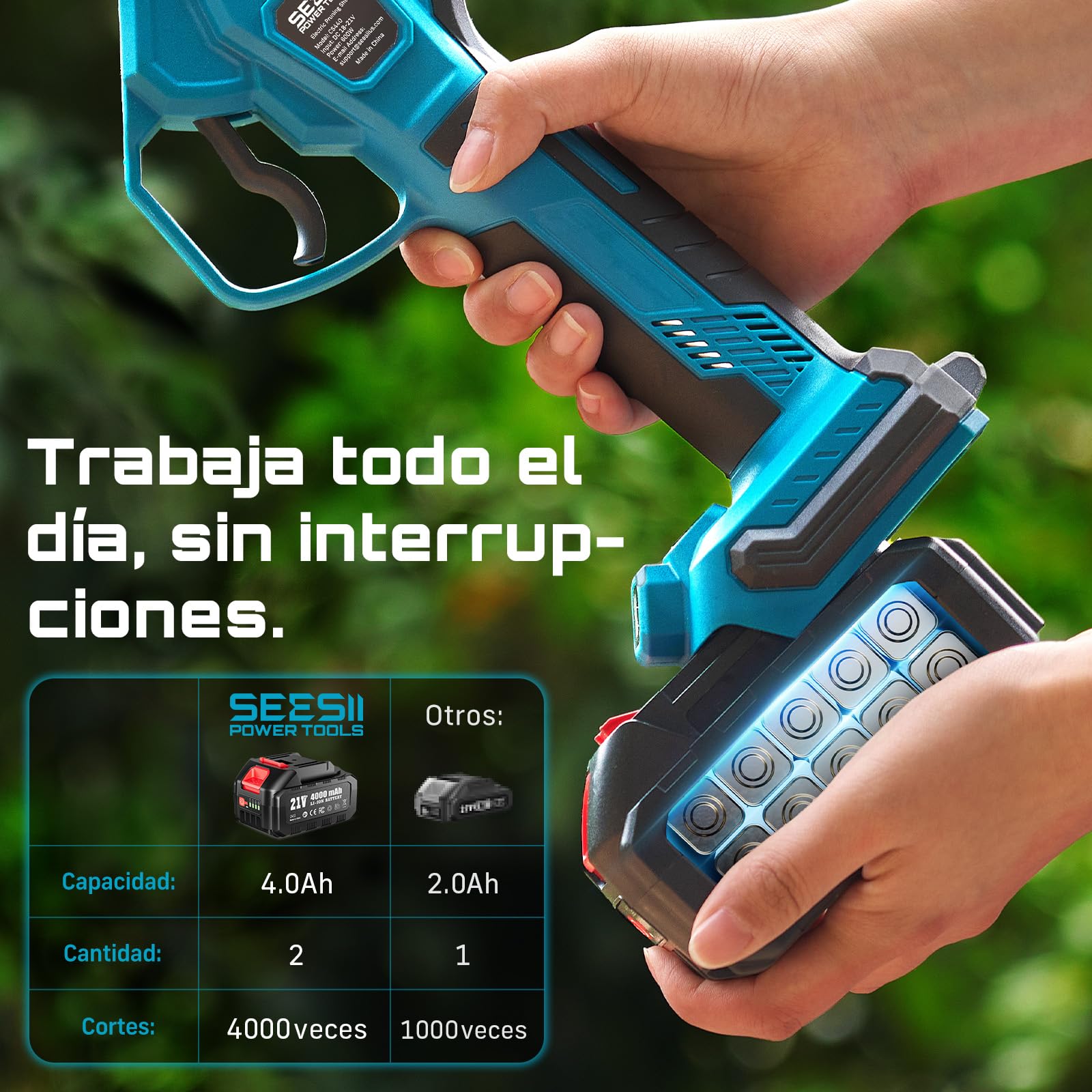 SEESII Tijeras de Podar Eléctricas 40 mm – Tijeras de Podar Batería con 2 * 4000 mAh, Hoja SK5, Motor sin Escobillas, Pantalla LCD para Jardinería, Paisajismo y Huertos, CS440