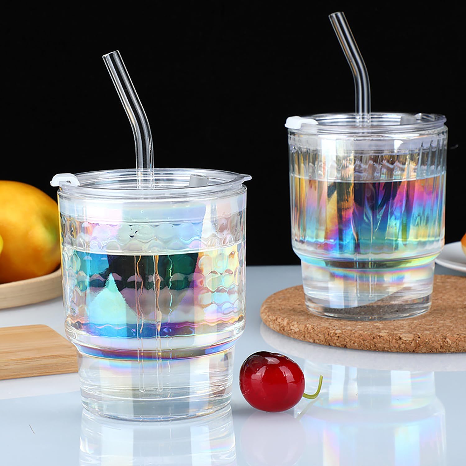 2 Pcs Colorful Glass Cups with Lids and Straws, 13.5 oz Multi Iced Coffee Cups, Thick Wall Glass Tumbler, Cute Coffee Mugs, Drinking Glassware Cups - Image 2