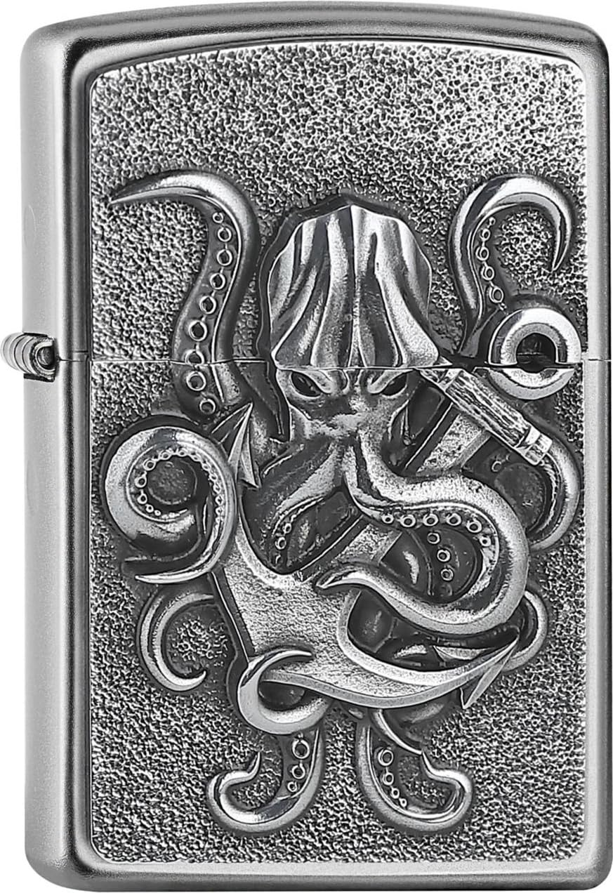 Zippo Sturmfeuerzeug Octopus Satin Chrome Emblem Nachfüllbar Windfest Made in USA