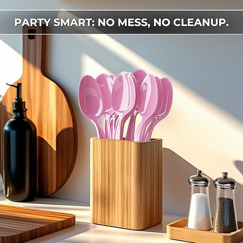 Miniatura 6 de Cucharas de plástico rosa intenso (paquete de 24)  Cucharas de color rosa intenso para fiestas, artículos de plástico ligeros, cucharas de plástico