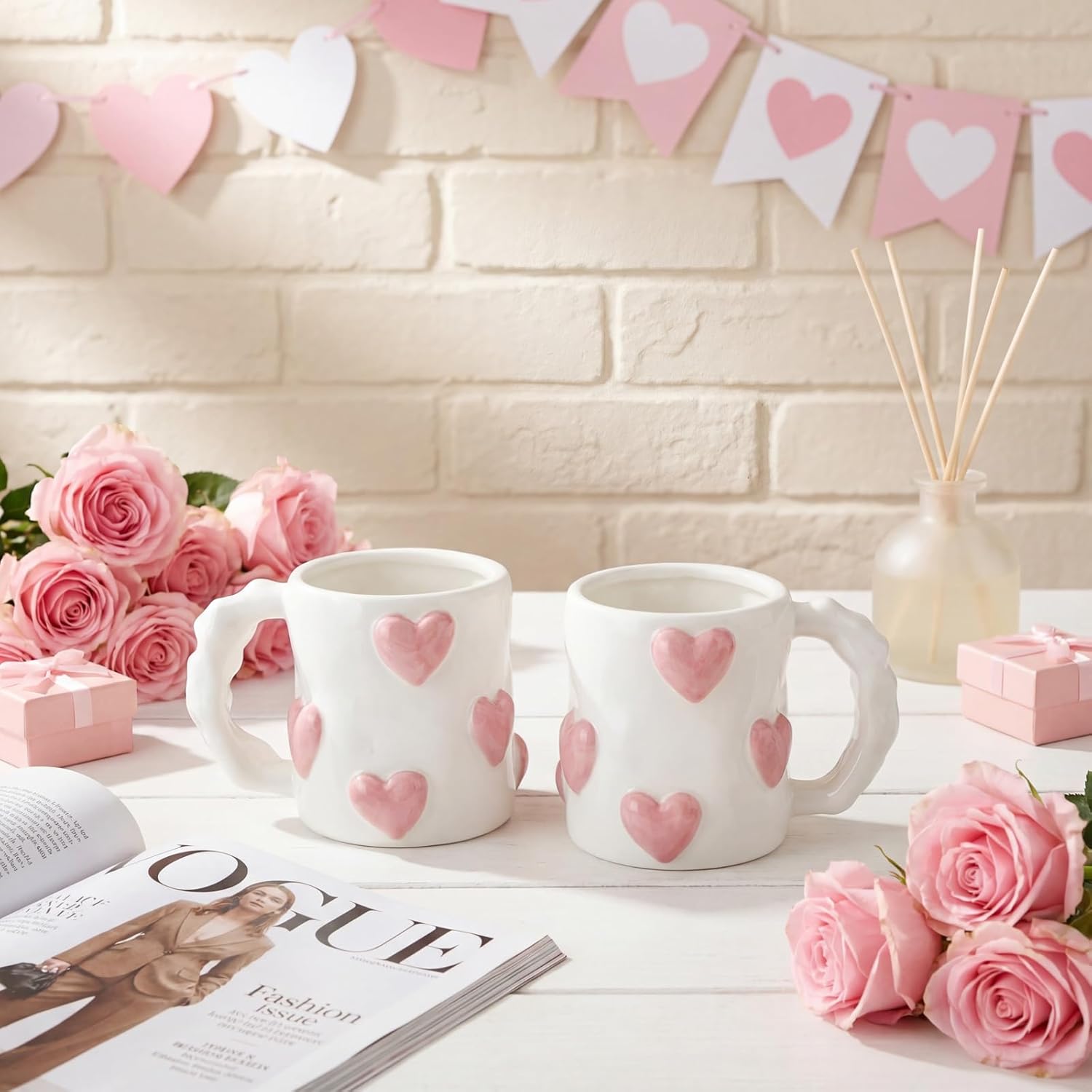 Vesici 2 Pcs 17oz Valentines 3D Heart Coffee Mugs Pink Heart Ceramic Cups with Handle Valentines Couple Mugs Cute Handmade Relief Cups for Office Home Anniversary, Wedding Engagement Couple Gifts
