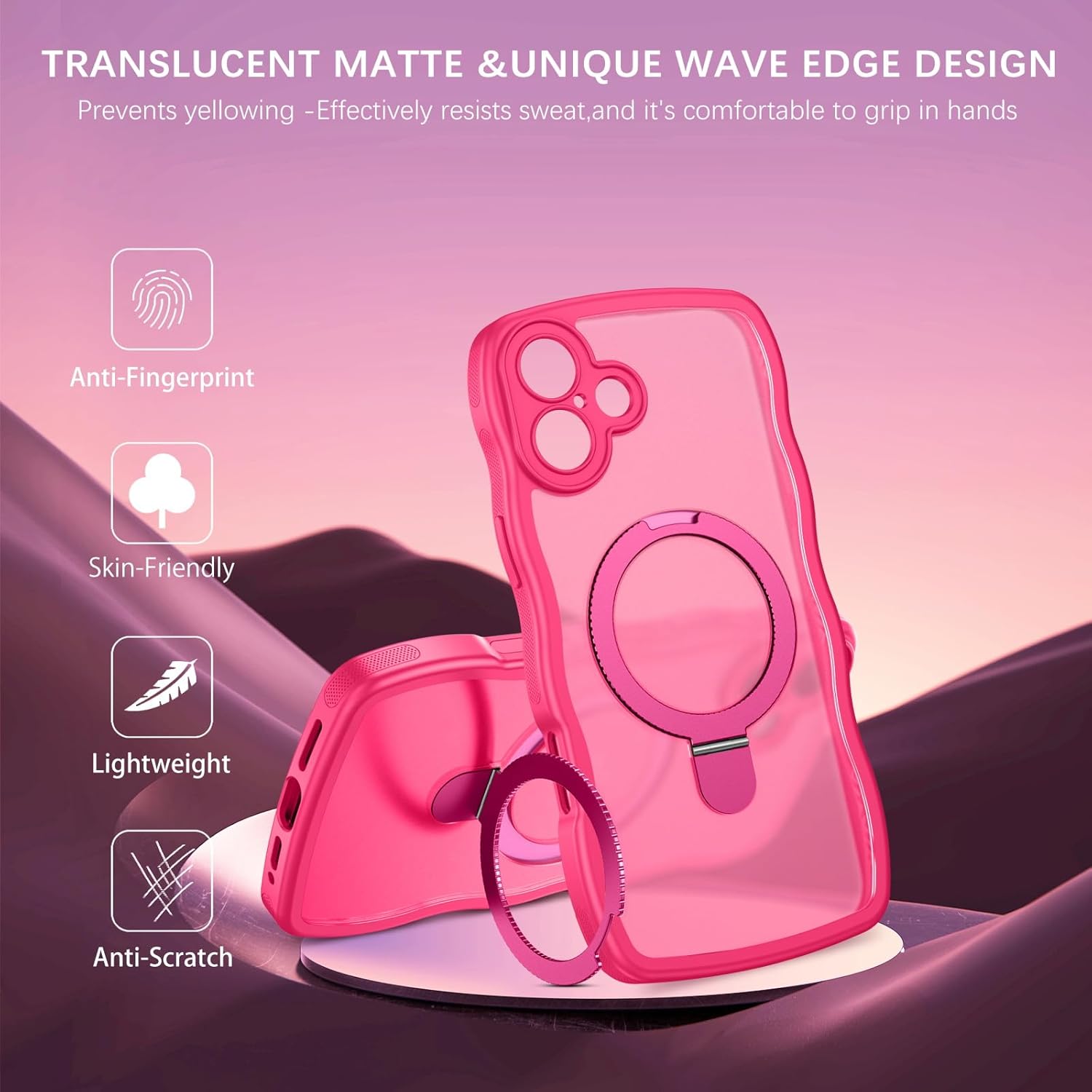 BENTOBEN for iPhone 16 Plus Case with Invisible Magnetic O-Ring Stand, [Compatible with Mag-Safe] Wavy Curly Magnetic Translucent Matte Shockproof Kickstand Cover for iPhone 16 Plus 6.7'' Hot Pink - Image 6