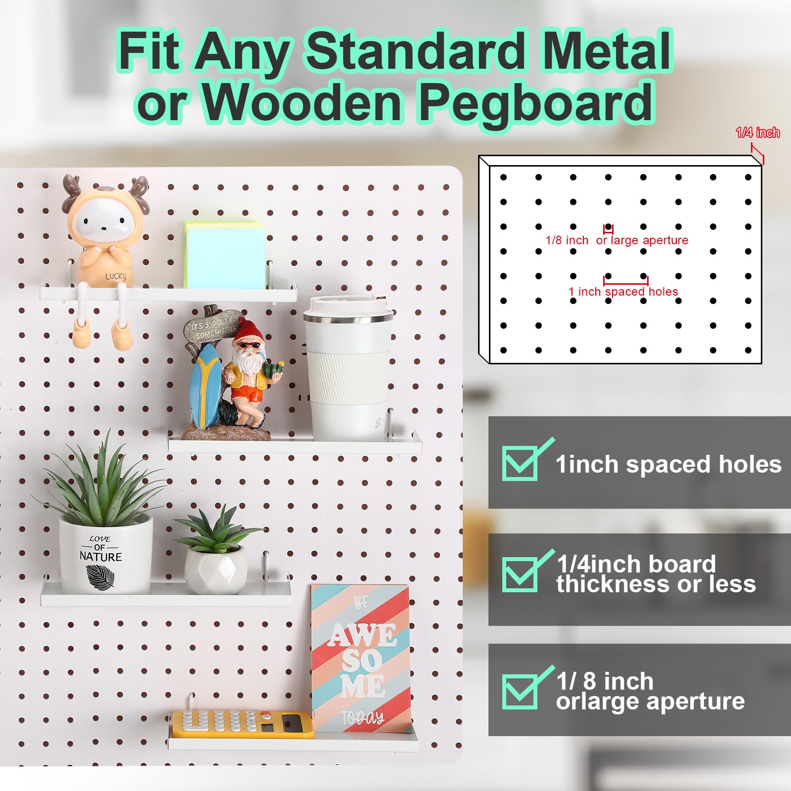 Lineshading Stecktafel-Regale, 25,4 x 10,2 cm, Metall-Regalhalterungen, Stecktafel-Zubehör, Wand-Organizer für Bastelraum, Zuhause, Garage, Kinderzimmer, Werkbank, Küche (weiß), 4 Stück