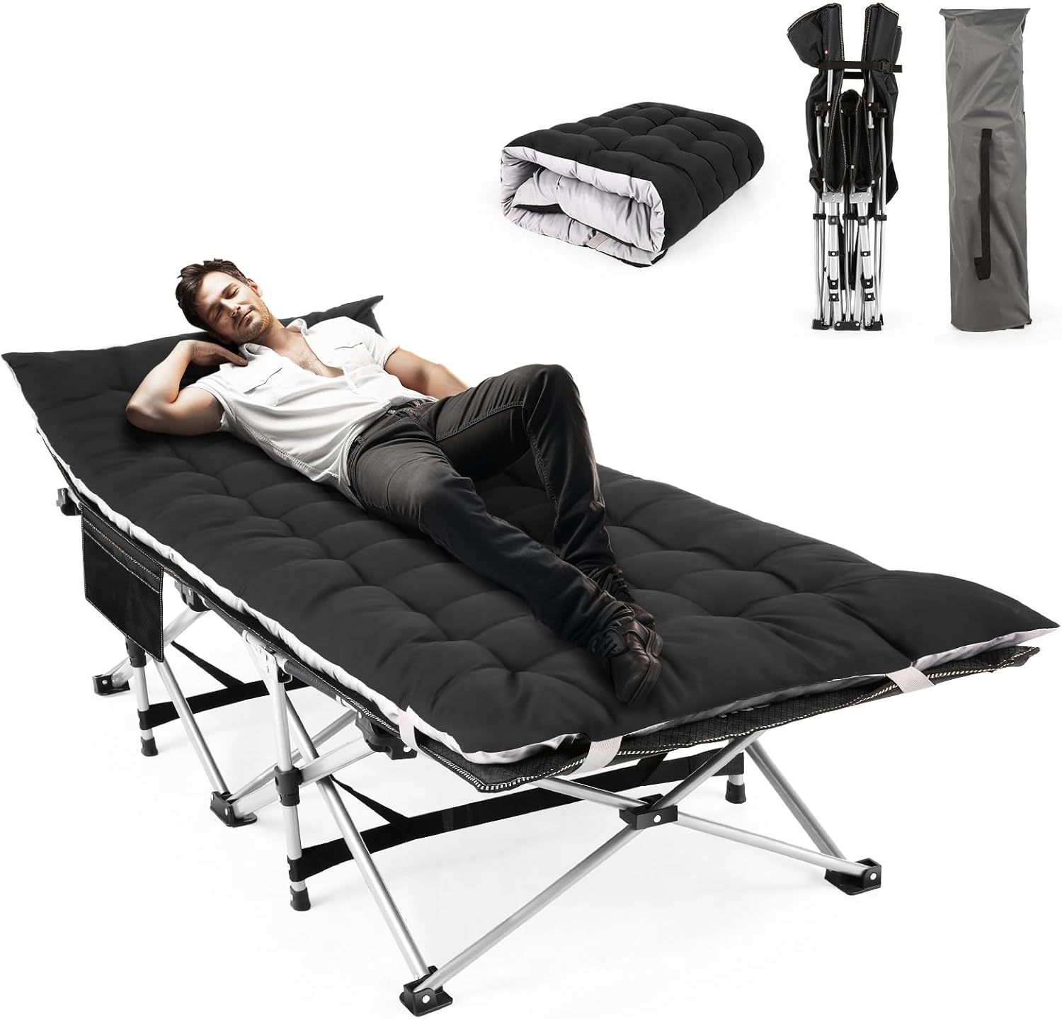 Homdox Camping cot Folding Outdoor Camping Travel Cot and Cot Pad - Quality Lightweight Portable Heavy Duty Adult & Kids Travel Cot Double Layer Oxford Camp Cots for Camp/Office/Home Black